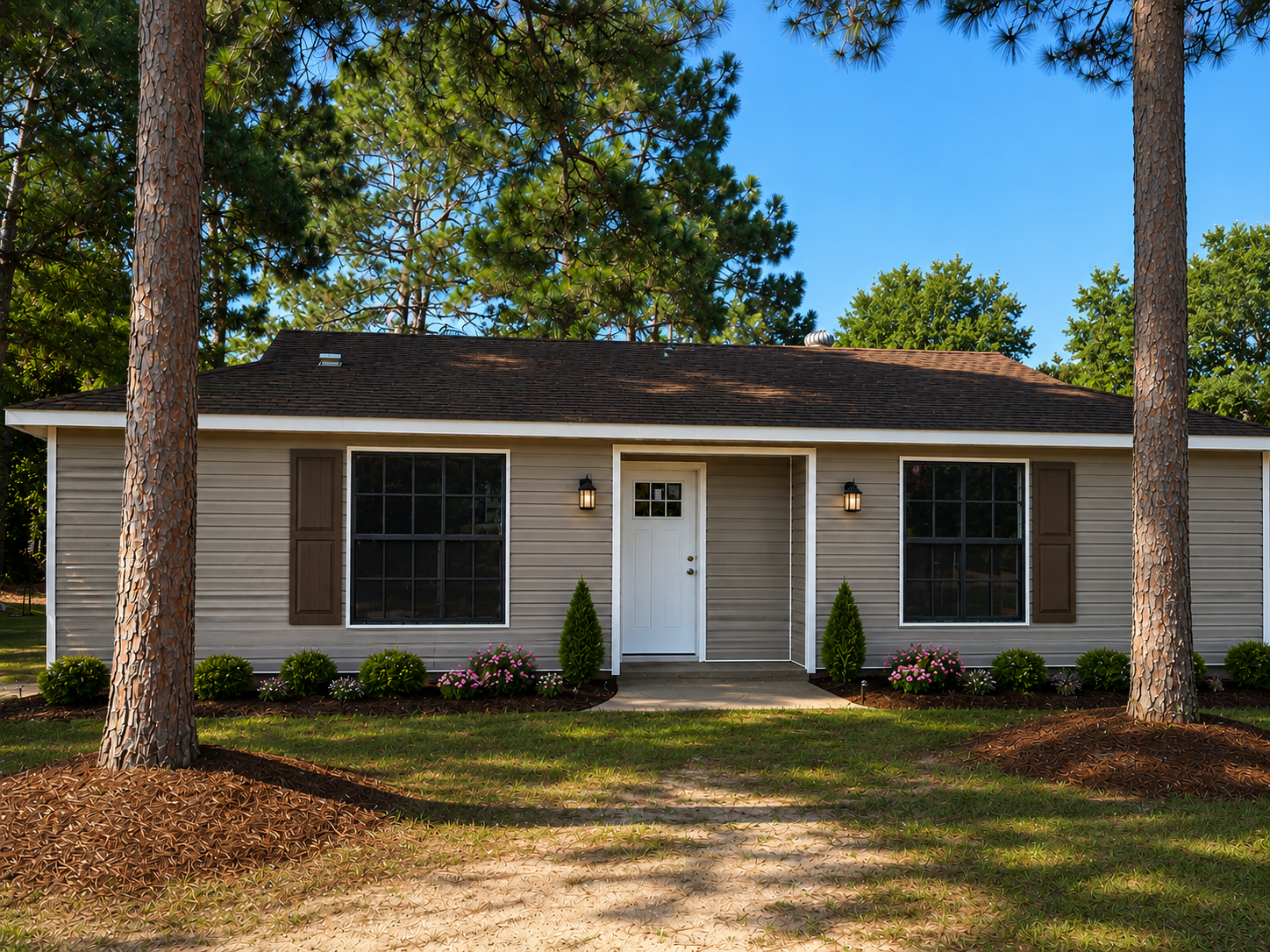 A single-story house with beige siding, brown shutters, large windows, and a white door. The house is surrounded by green trees, bushes, pink flowers, and a well-maintained lawn. Two large trees frame the house.