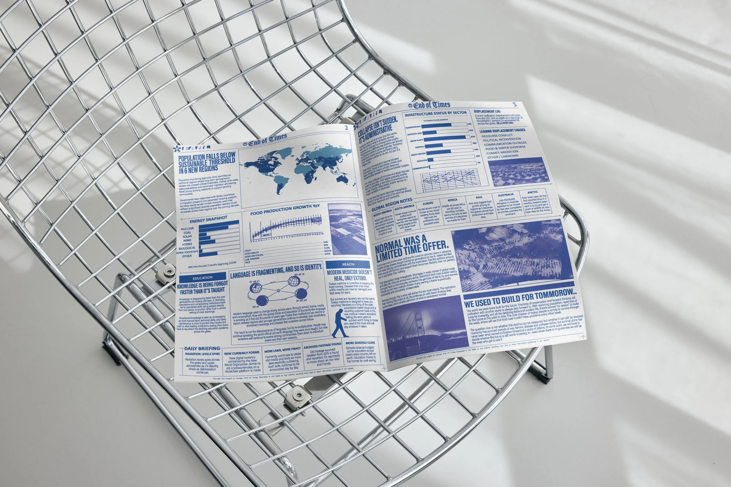 A wire shopping cart with a newspaper inside, placed on a smooth, reflective surface with shadows.