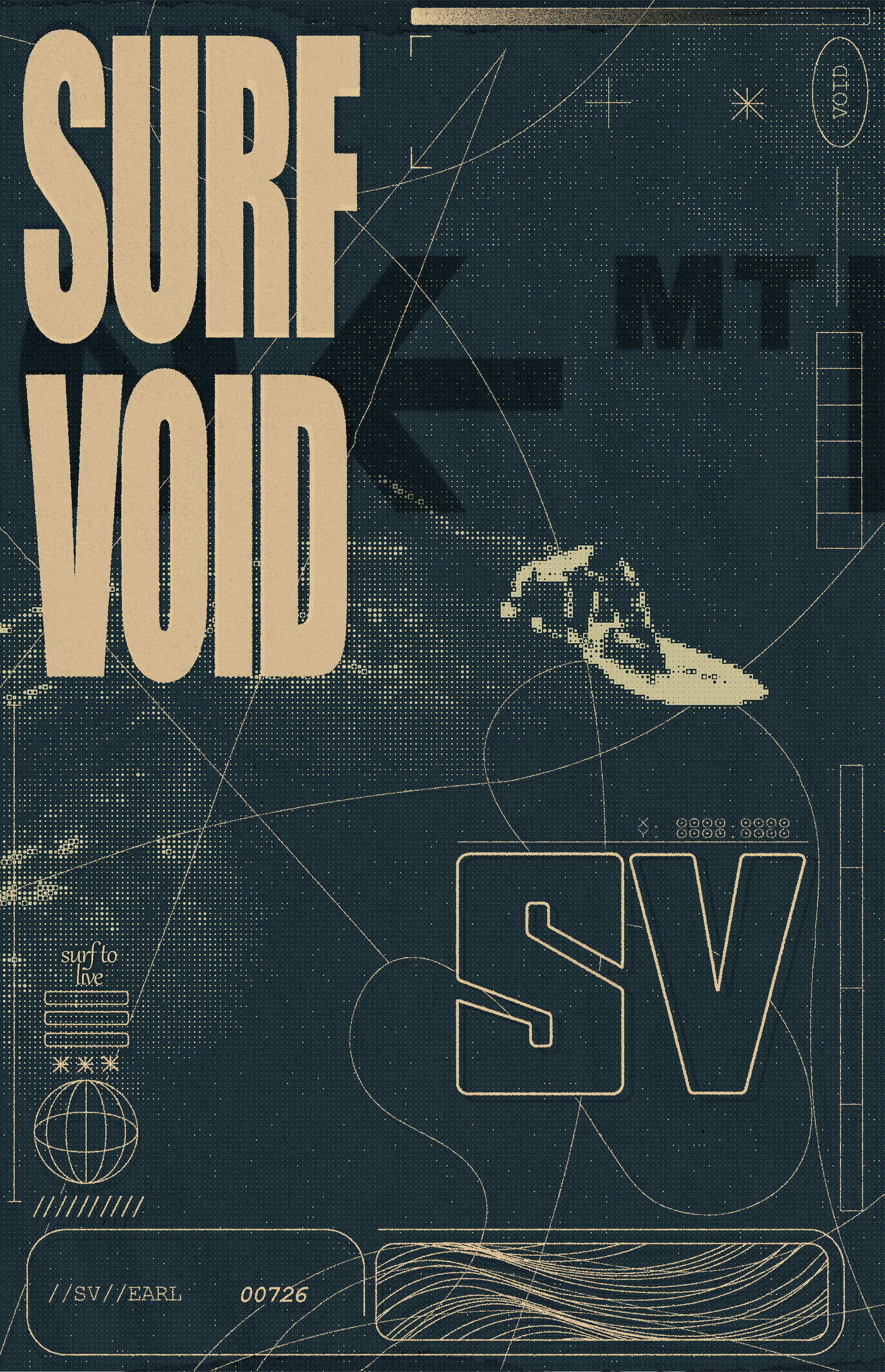 A graphic design with large beige text reading 'SURF YOUR MOOD' against a dark background featuring various line art illustrations of surfboards, planets, stars, a globe, and abstract geometric shapes, with the phrase 'surf to live' in the bottom lef