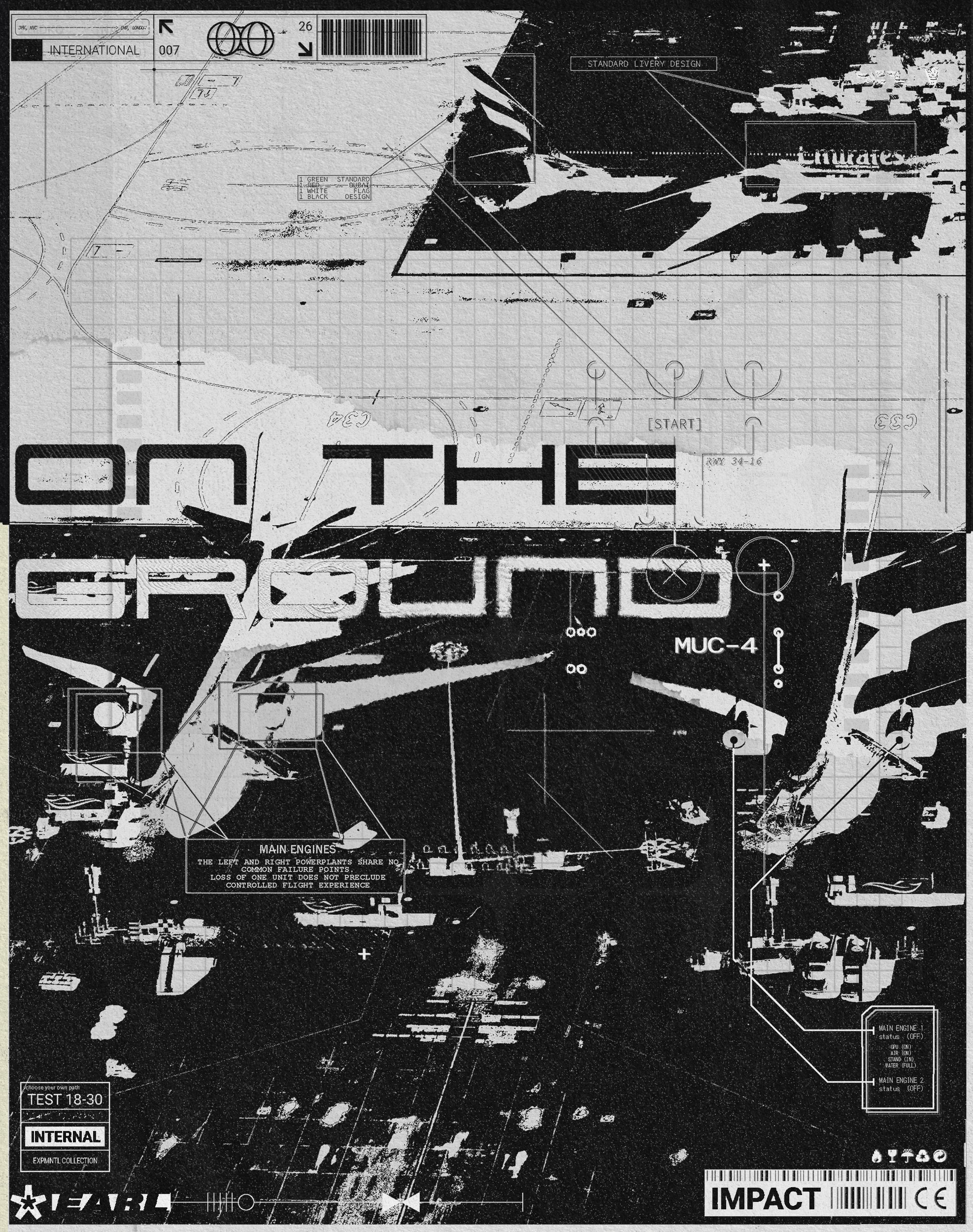 A black and white diagram of an aircraft or spaceship control panel with technical labels, grids, and various symbols, including text like "MAIN ENGINES" and "IMPACT."