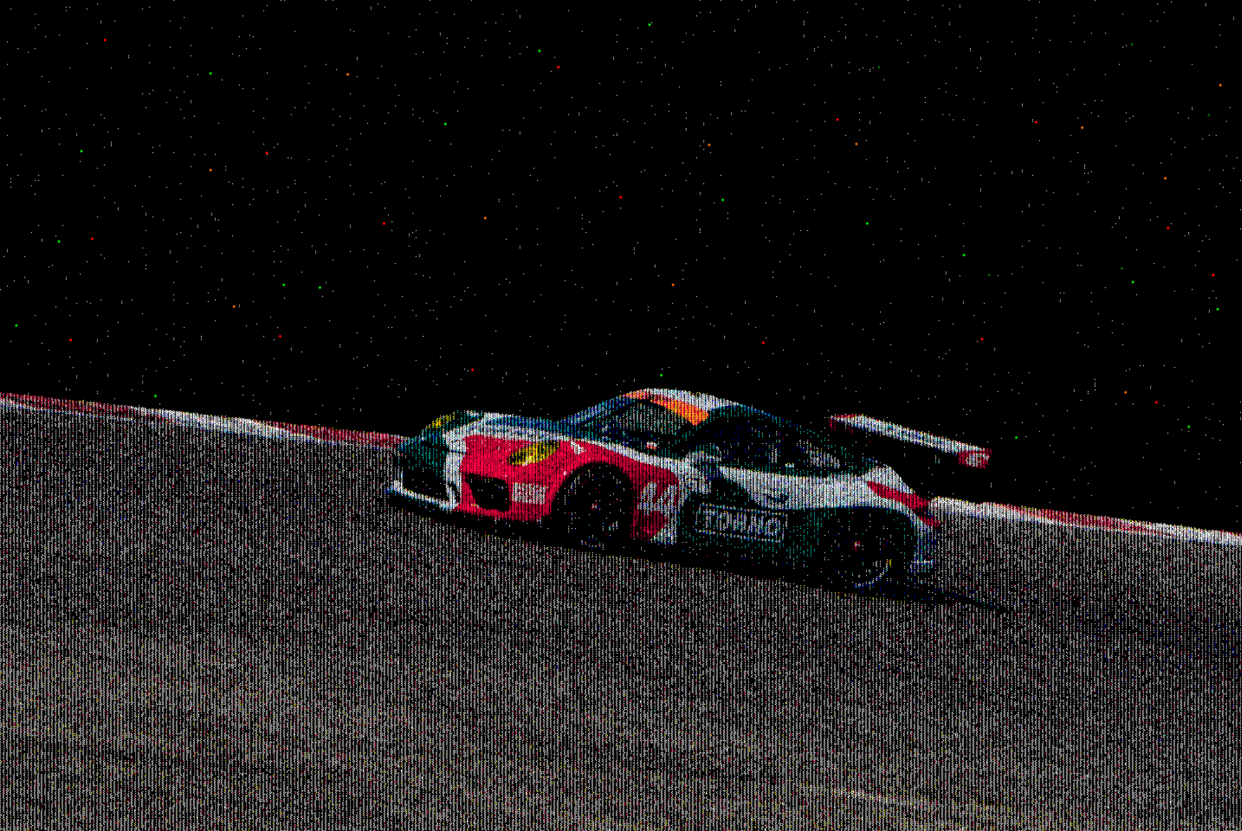 Pixelated digital art of an F1 race car on a dark, starry background.