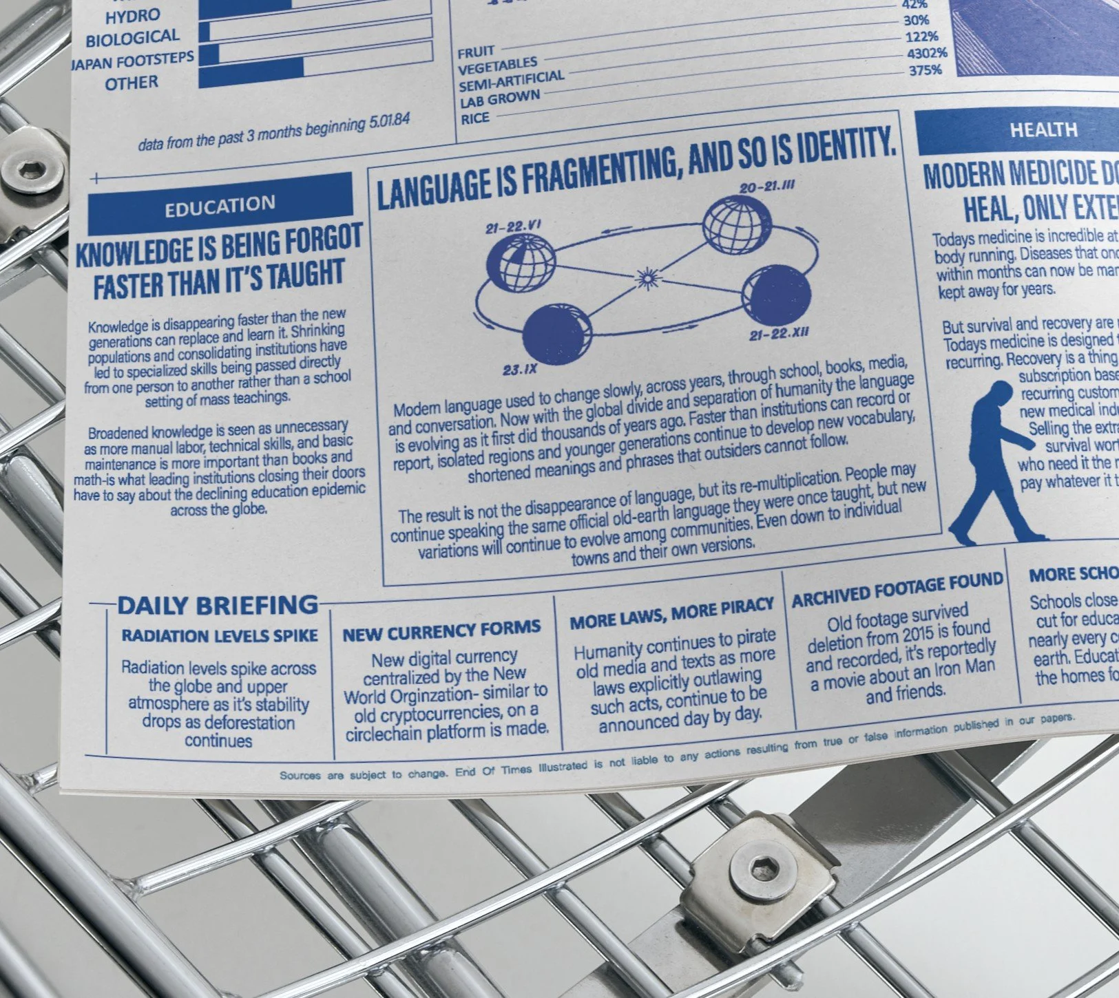 Close-up of a printed newspaper page with articles about education, language, health, and current events, placed on a metal rack.