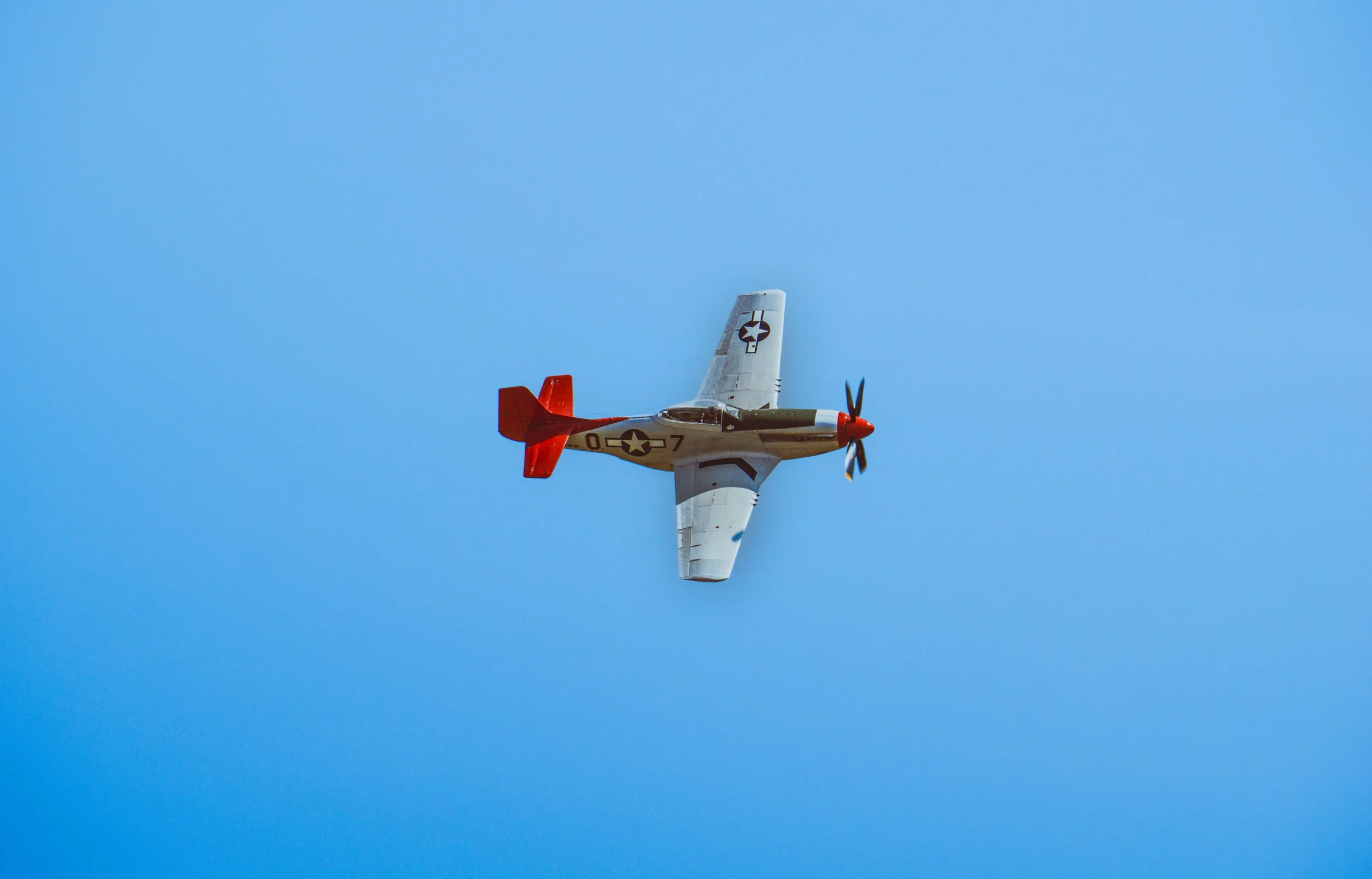 A vintage military fighter plane with a red tail and white body flying in a clear blue sky.