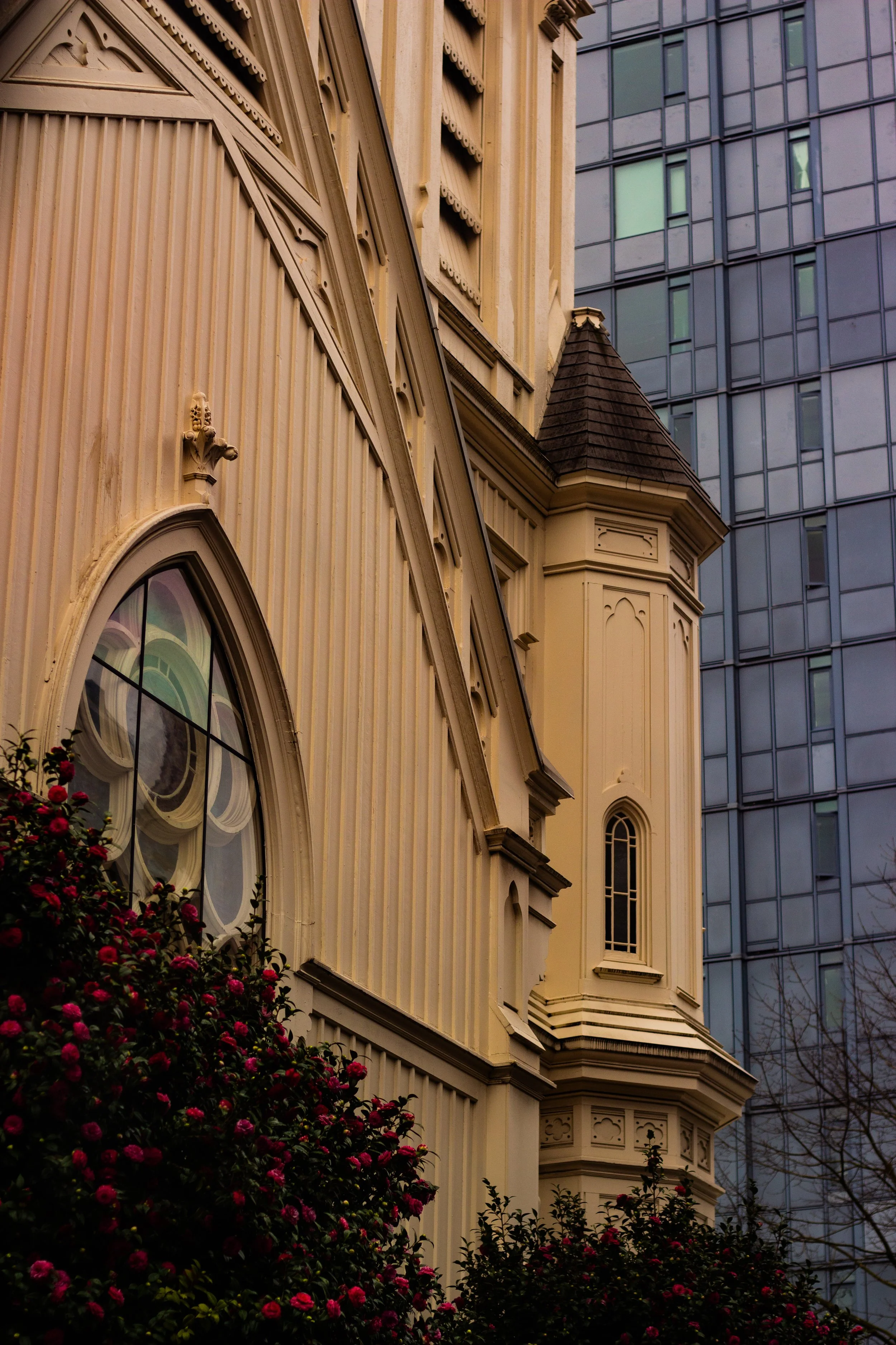Old yellow Victorian-style house with ornate decorative trim and stained glass windows, with a modern glass building in the background and pink flowers in the foreground.