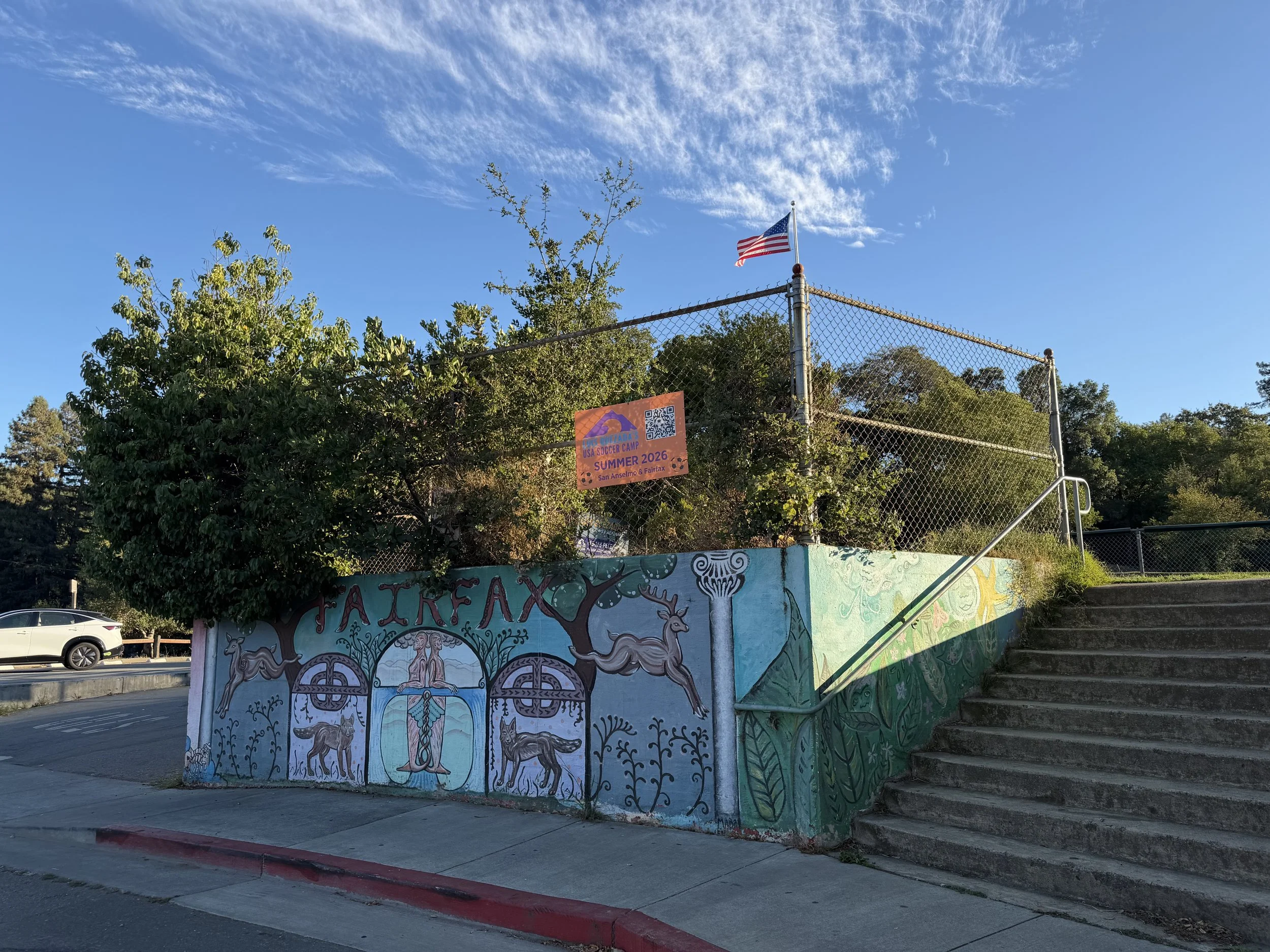 Colorful mural painted on a concrete wall with animals and trees, next to a chain-link fence with an orange sign advertising a summer soccer camp. An American flag is flying on a pole above the fence, with blue sky and clouds in the background.