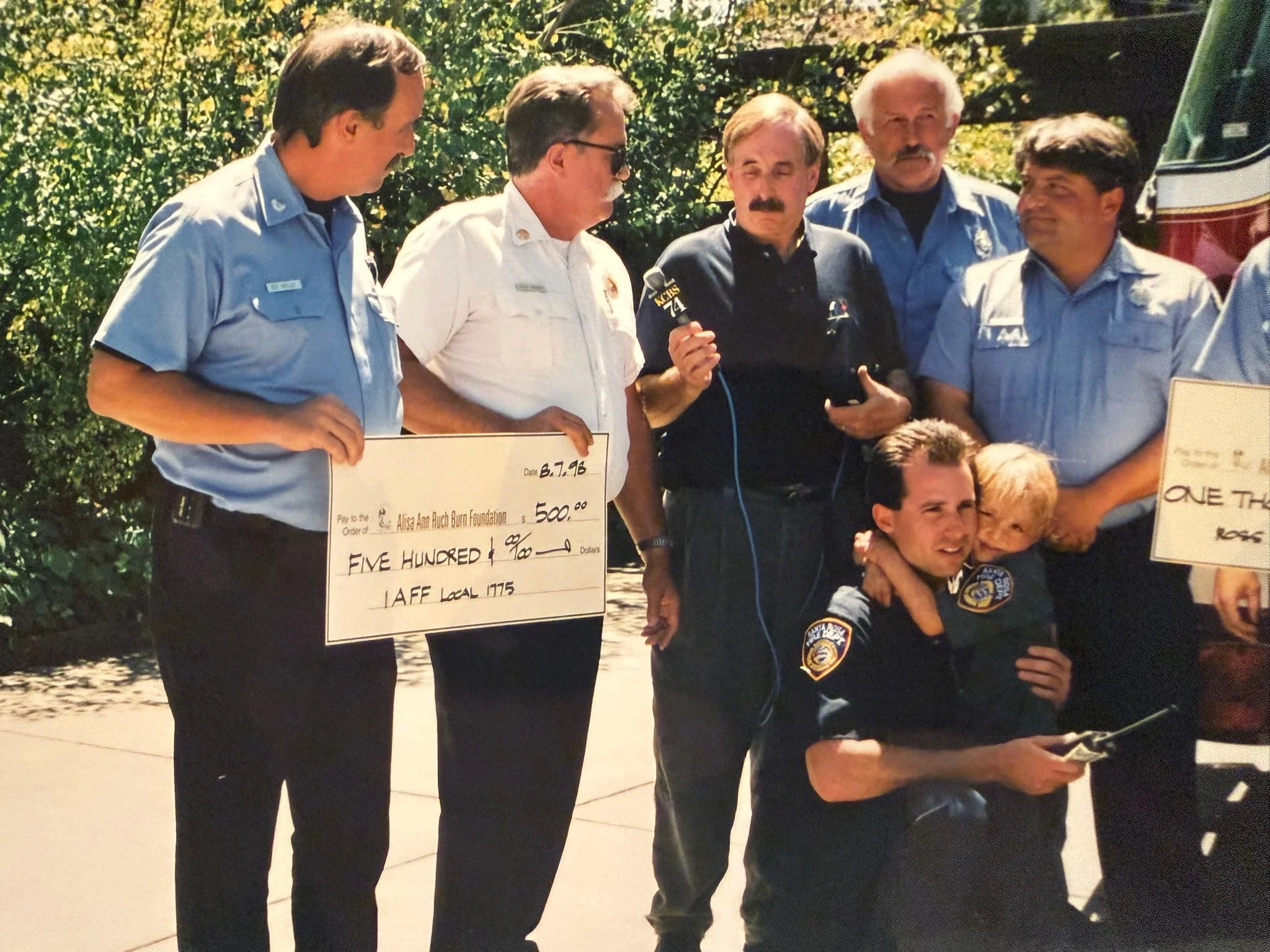 North Bay Firefighters' Burn Relay, 1998.  This annual fundraiser for the Alisa Ann Rich Burn Foundation was started by Matt (kneeling in front) in 1997 and he coordinated this event for 20+ years.  Funds raised sent children with burn injuries from 