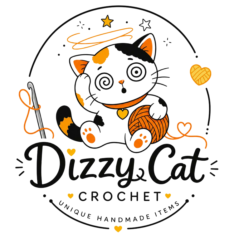 A colorful crochet logo featuring a black, orange, and white cartoon cat with swirly eyes, sitting with a ball of orange yarn, surrounded by stars, hearts, and decorative elements, with the text "Dizzy Cat Crochet" and "Unique Handmade Items."