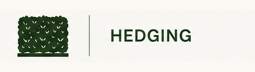 Logo with a stylized hedge shrub and the word 'HEDGING' in green text.