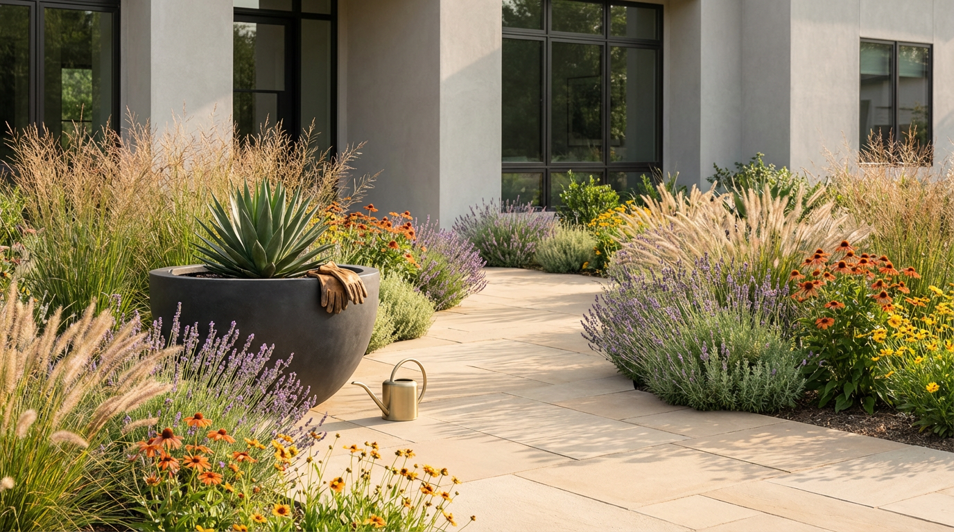 A modern house exterior with a beige stone pathway leading past a large black planter filled with an agave plant. There is a small golden watering can and gardening gloves on the planter. The garden is full of various colorful flowers and ornamental grasses, creating a lush and inviting scene.