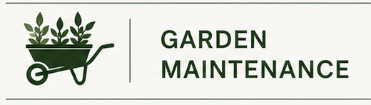 Logo with a green wheelbarrow filled with plants and the text 'Garden Maintenance'