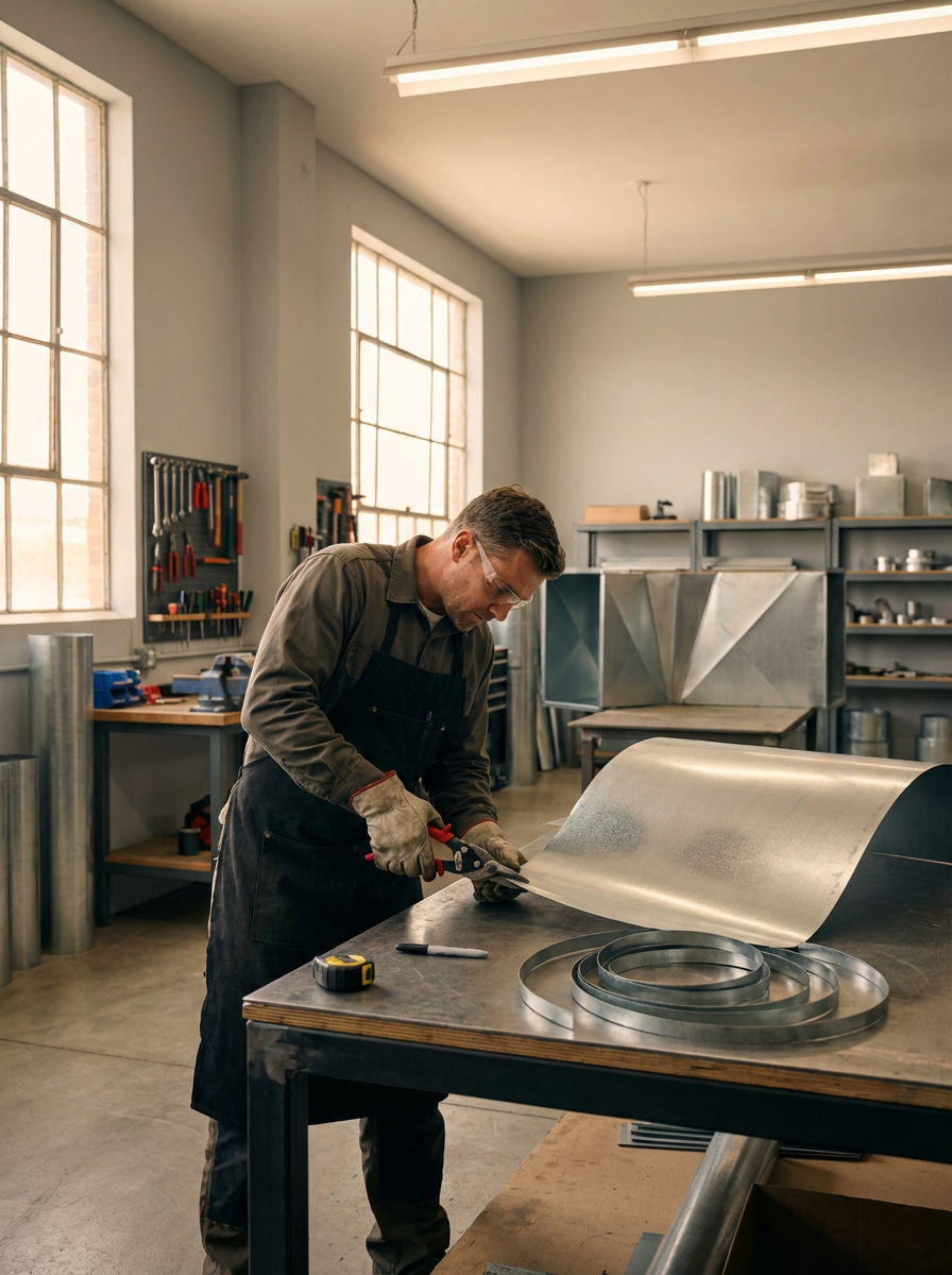 A man working in a metal workshop, cutting a large sheet of metal on a worktable, with various tools and metal parts around him.