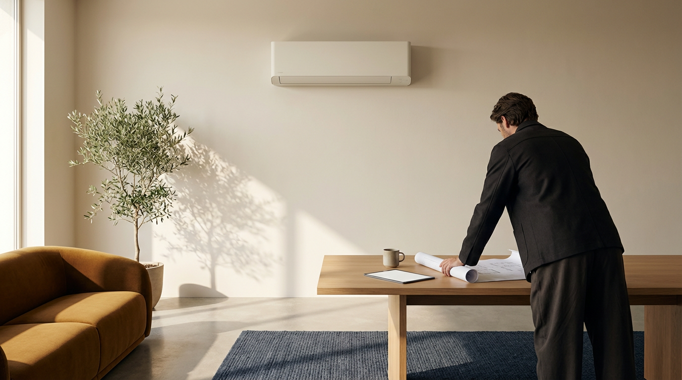 A man in a black suit leaning over a wooden table with blueprints, a coffee mug, and a tablet in a modern office with a potted plant, window, and an air conditioning unit.