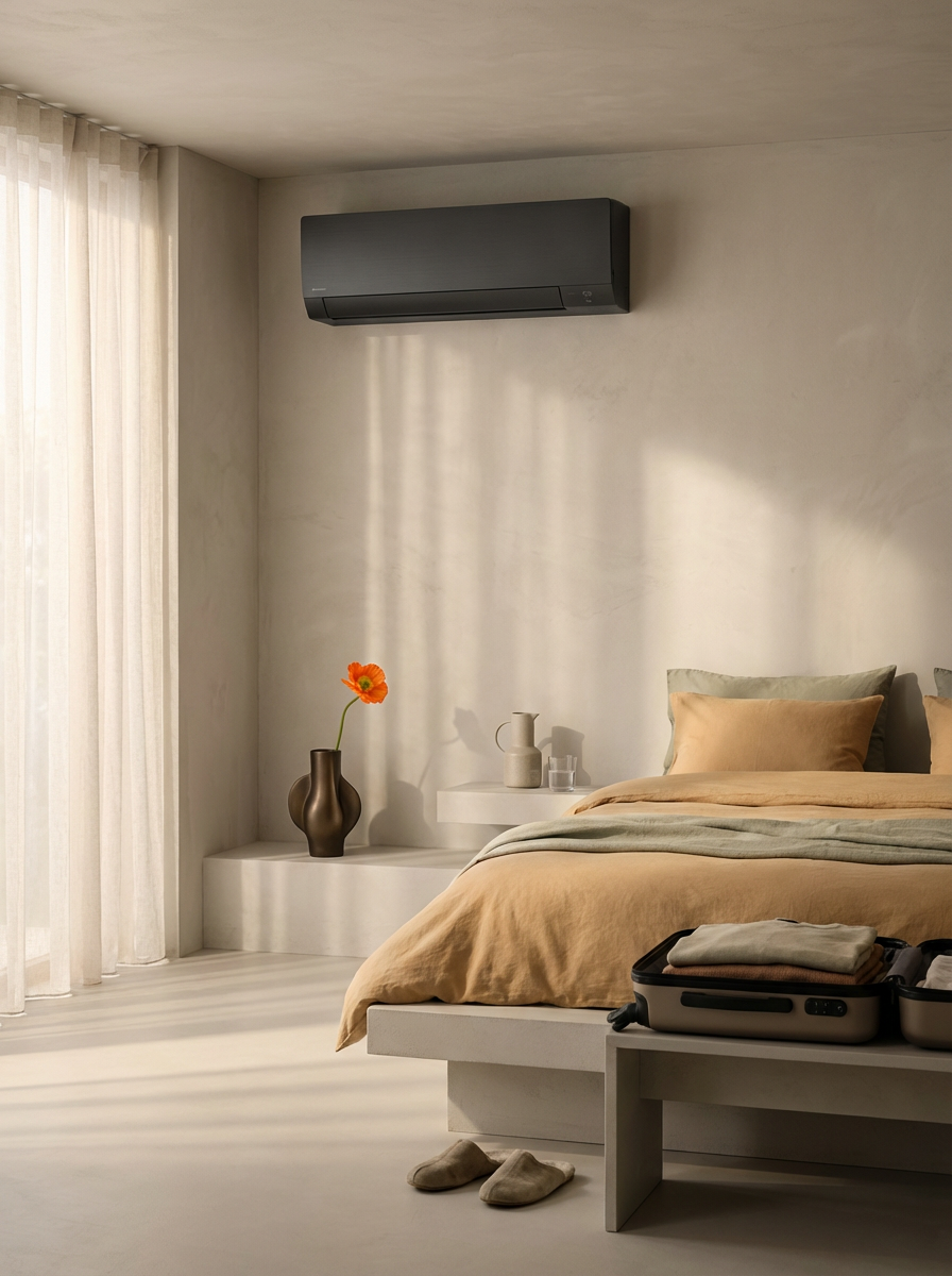Minimalist bedroom with a bed, pillows, and a suitcase on the edge. A pair of slippers on the floor. A vase with an orange flower on a built-in shelf. Light filtering through sheer curtains. ADD CENTRAL AIR PHOTO