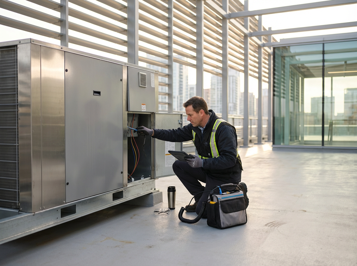 Technician inspecting an HVAC unit on a rooftop with cityscape in the background.