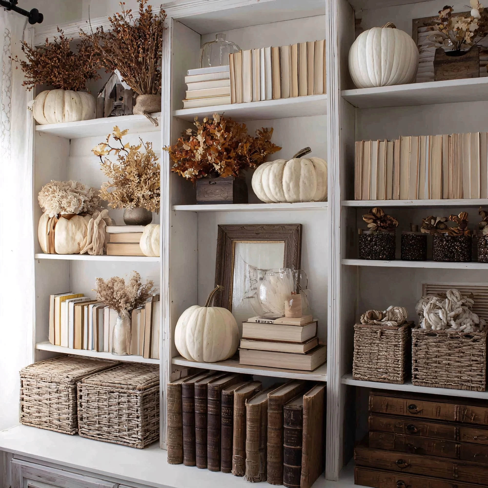 White bookshelf filled with decorative pumpkins, dried floral arrangements, and vintage books in neutral tones.