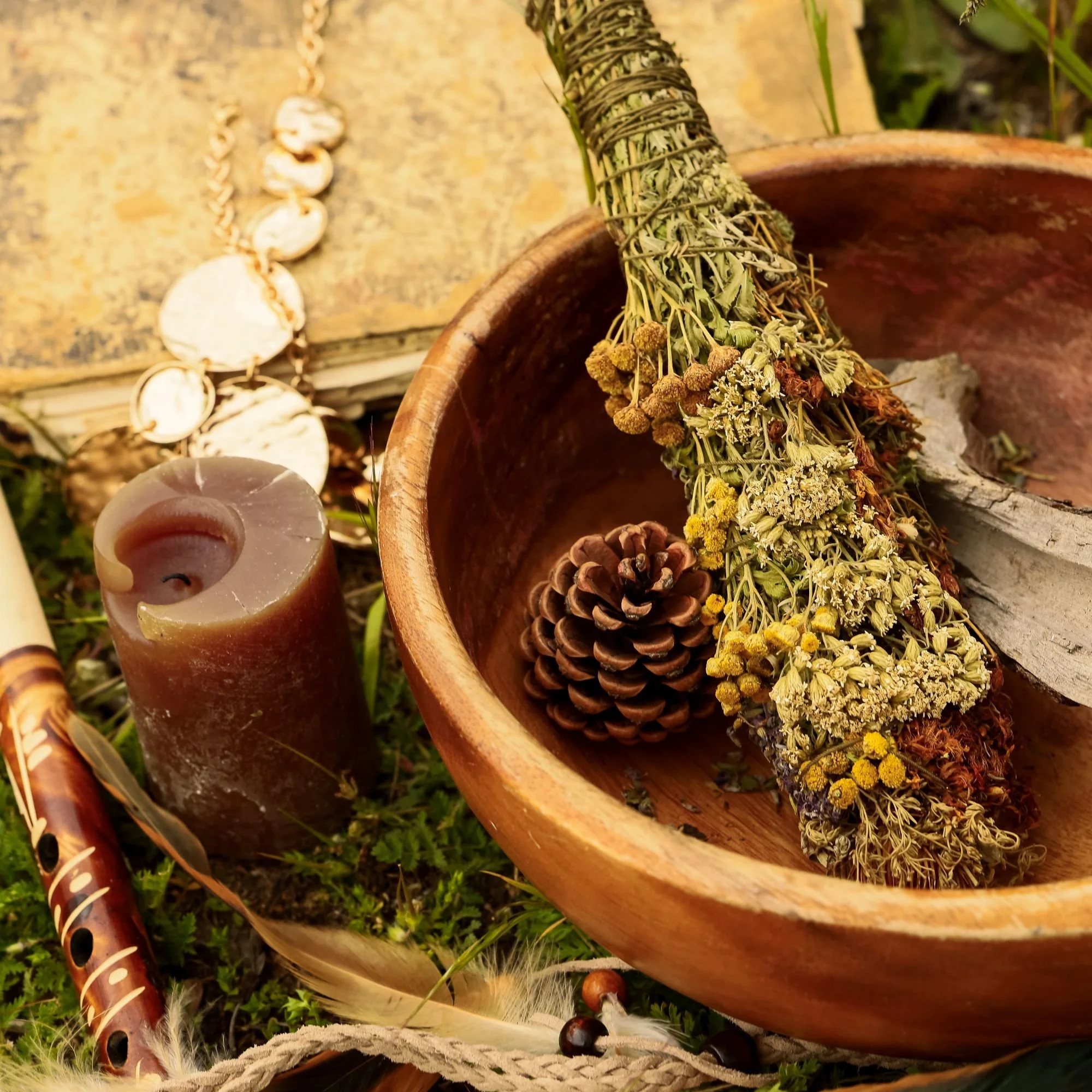 Dried herbs and flowers in a wooden bowl with a candle, beads, and a flute nearby, set outdoors on grass and wooden surface.
