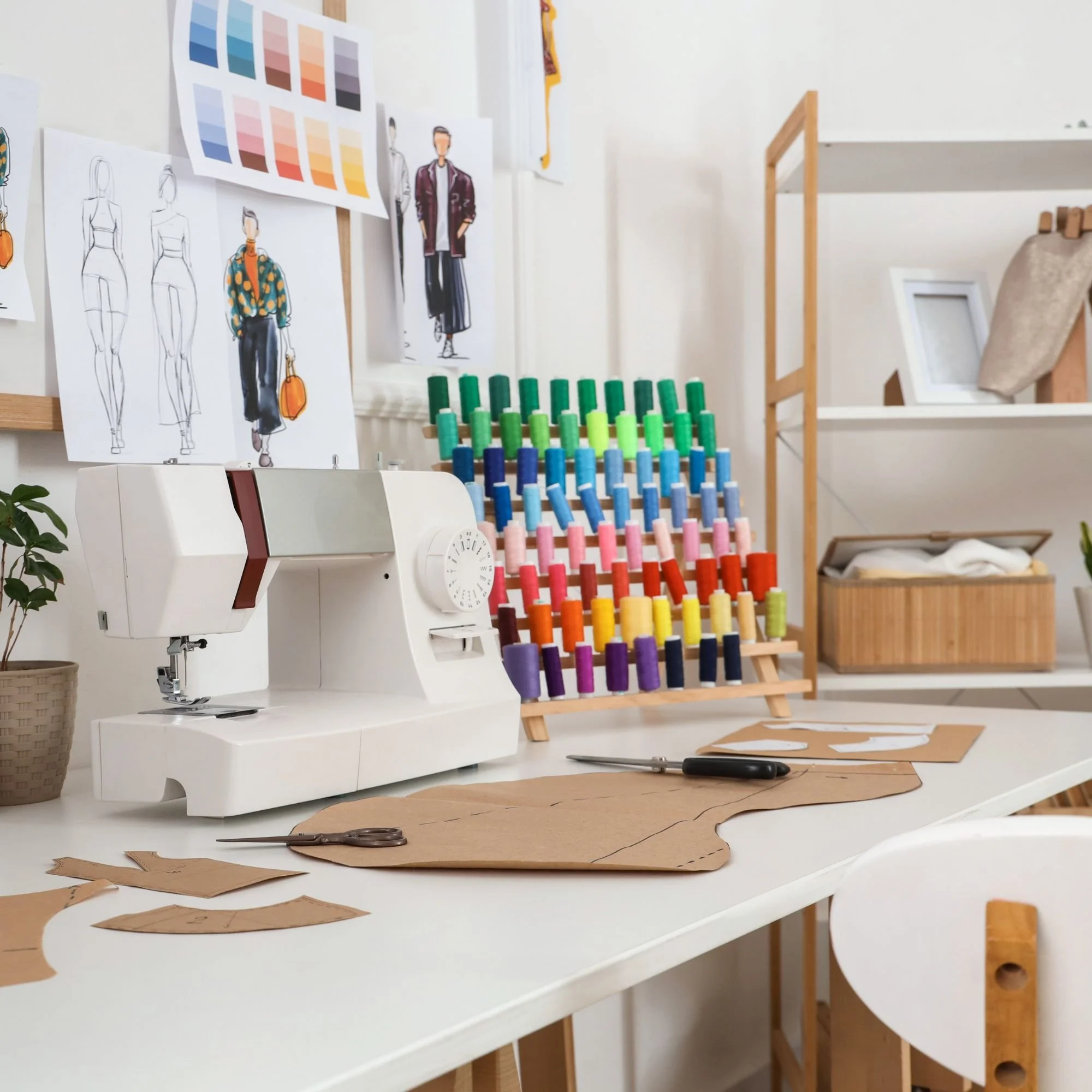 Design workspace with fashion sketches, color palette, mannequin cutouts, sewing tools, and fabric samples.