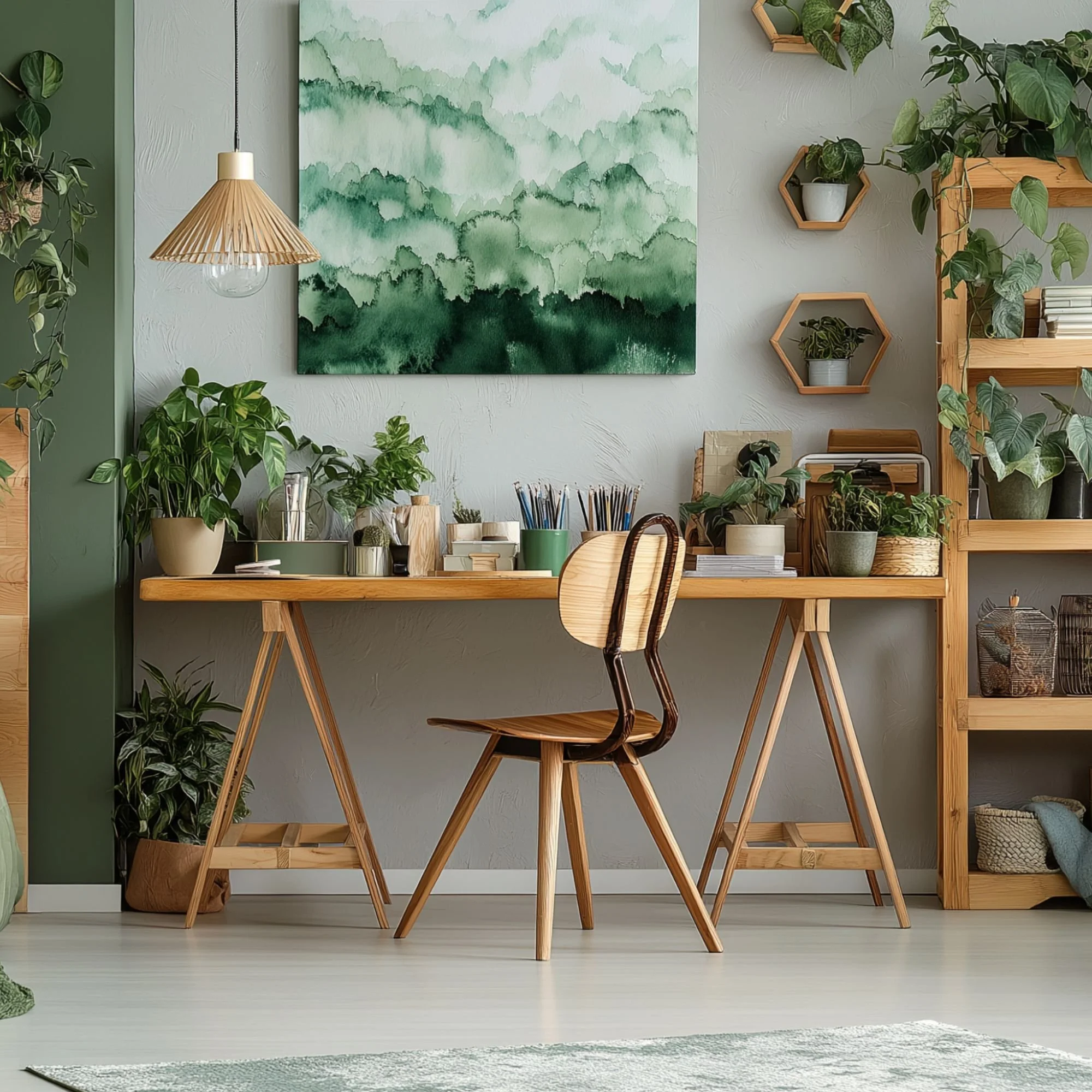 Living room with a wooden dining table, surrounded by matching wooden chairs, decorated with green plants, a watercolor mountain landscape painting on the wall, a beige hanging lamp, and wooden shelving with plants.