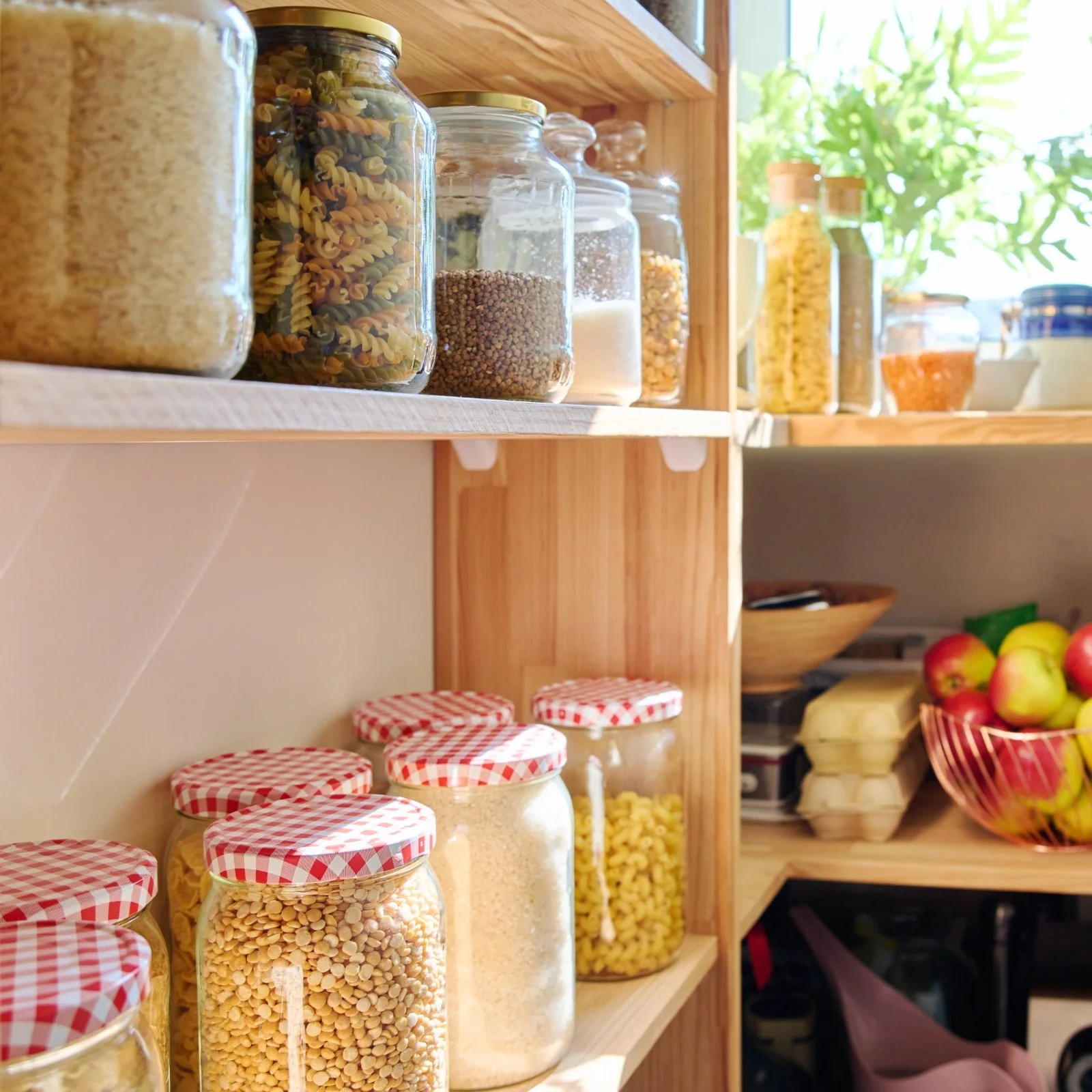 Wooden shelves with glass jars filled with pasta, grains, and dry foods in a bright kitchen with sunlight and a window with green plants in the background.
