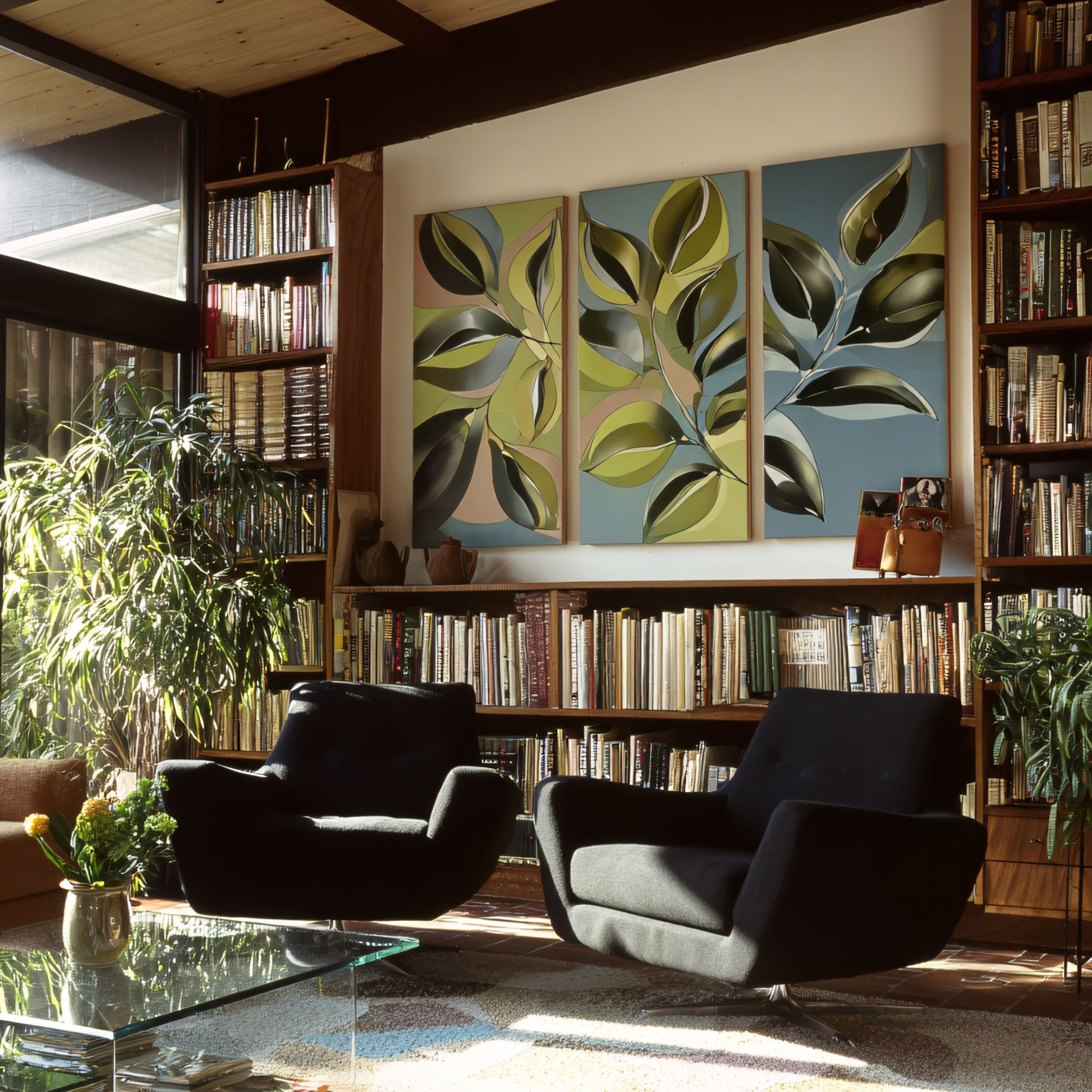 Living room with black armchairs, a glass coffee table, large bookshelf filled with books, green plants, and abstract botanical paintings on cream-colored walls, natural light streaming through windows.