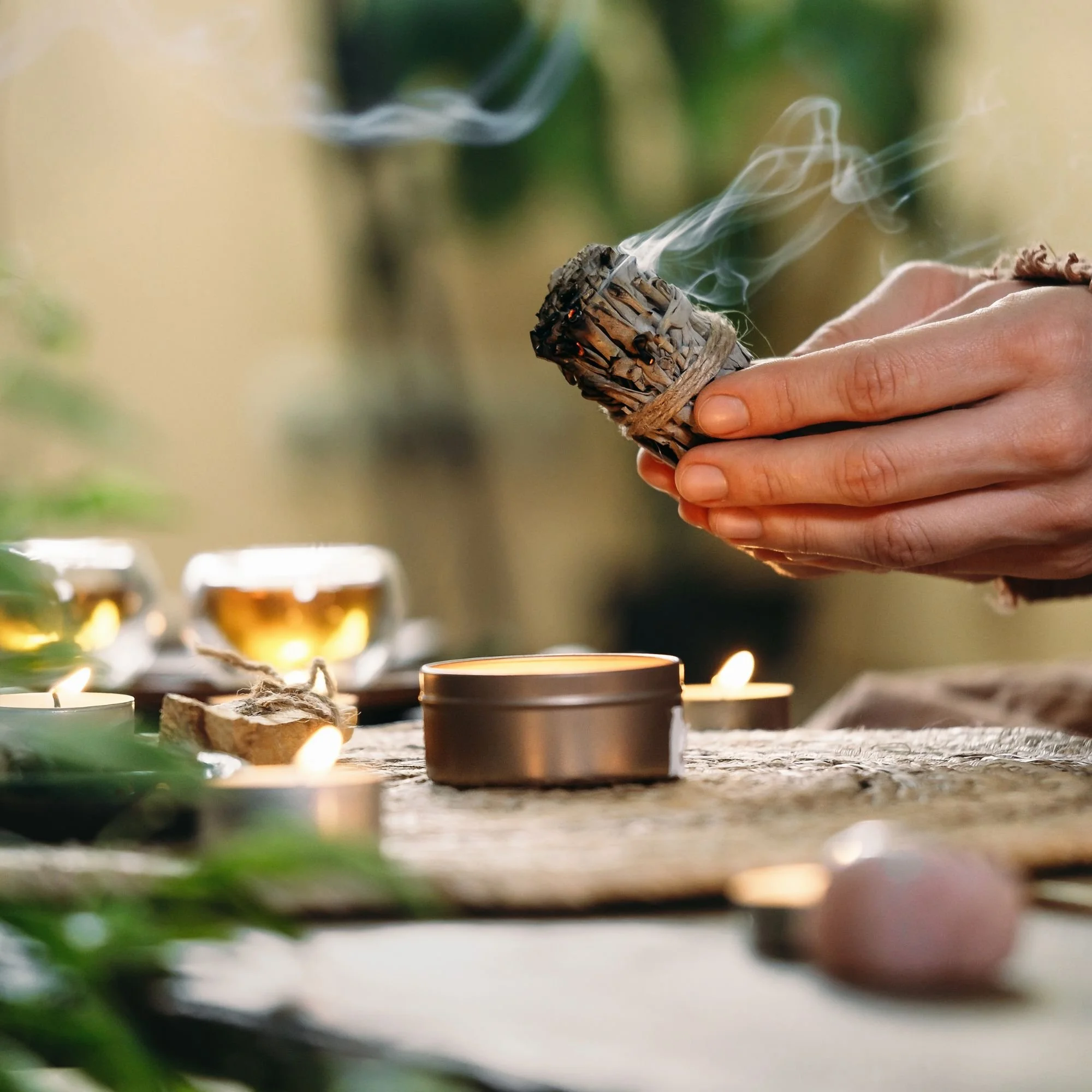 The image shows a close-up of a hand holding a small bundle of sage tied together with string, with four candles and string lights on a surface in the background, creating a warm and cozy atmosphere.