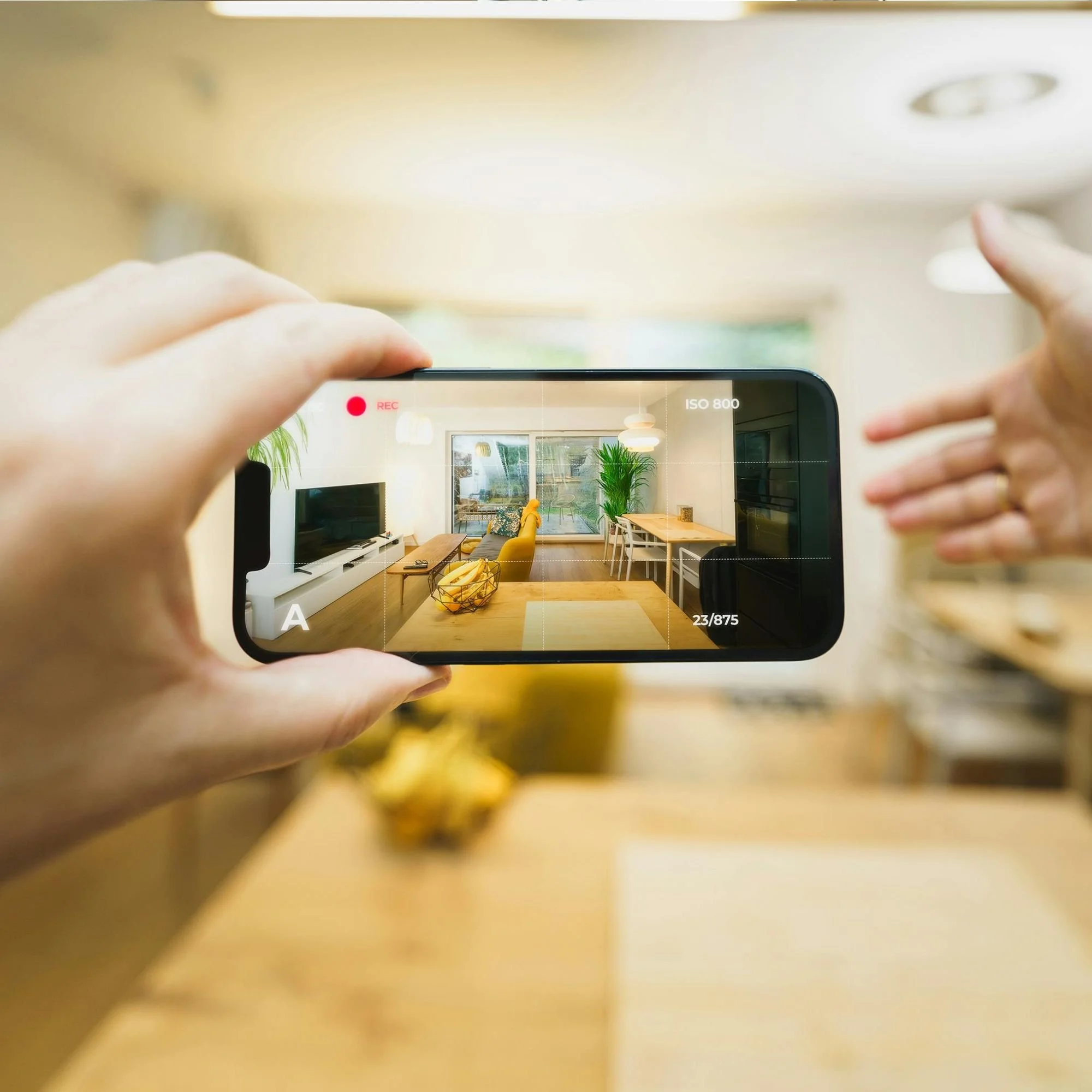 A person holding a smartphone capturing an interior room with yellow chairs, a wooden coffee table, and windows with decor, seen through the phone's camera viewfinder.
