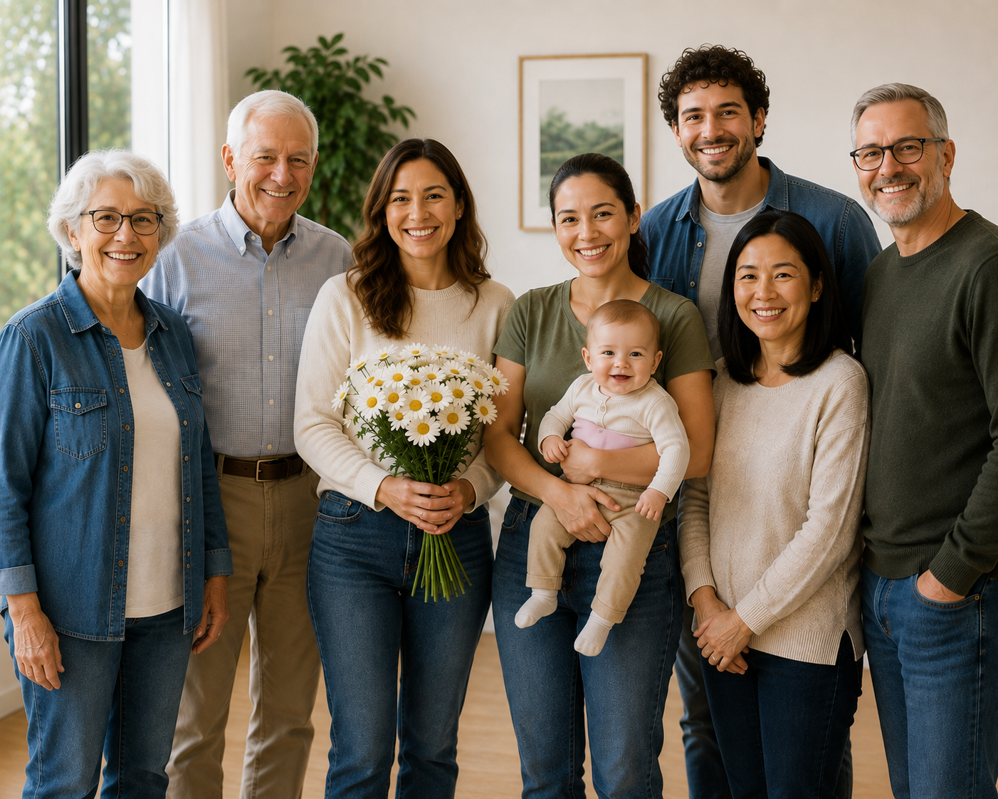 A diverse group of ten people, including seniors, adults, and a baby, smiling indoors with a window and framed art behind them, one woman holding a bouquet of daisies.