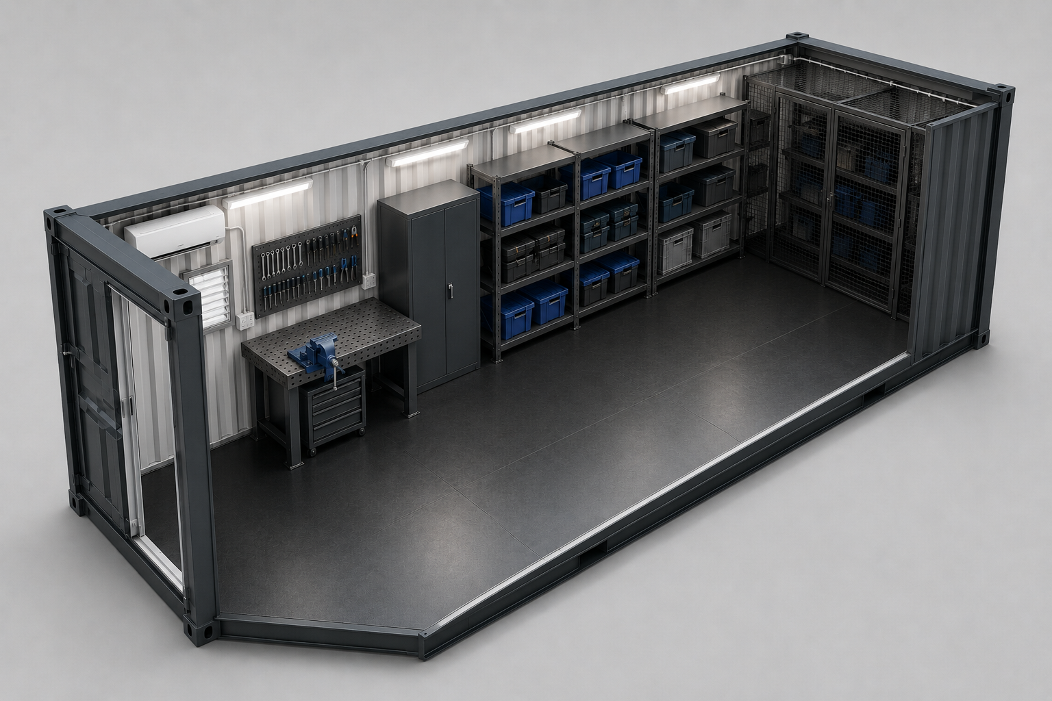 A storage container interior with shelves holding blue and gray storage bins, a workbench with a vise, a cabinet, and tool racks with various tools.