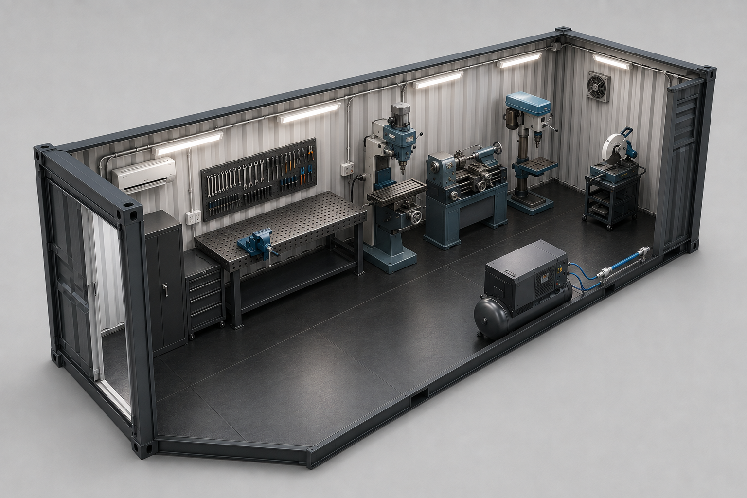 A miniature workshop inside a shipping container with dark flooring, metal walls, and various tools and machines, including lathes, drills, workbenches, and a compressor.