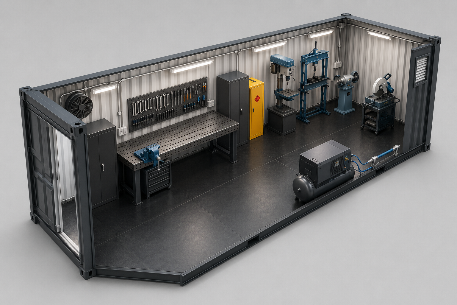 A miniature workshop inside a shipping container with tools, workbench, cabinets, and machinery.