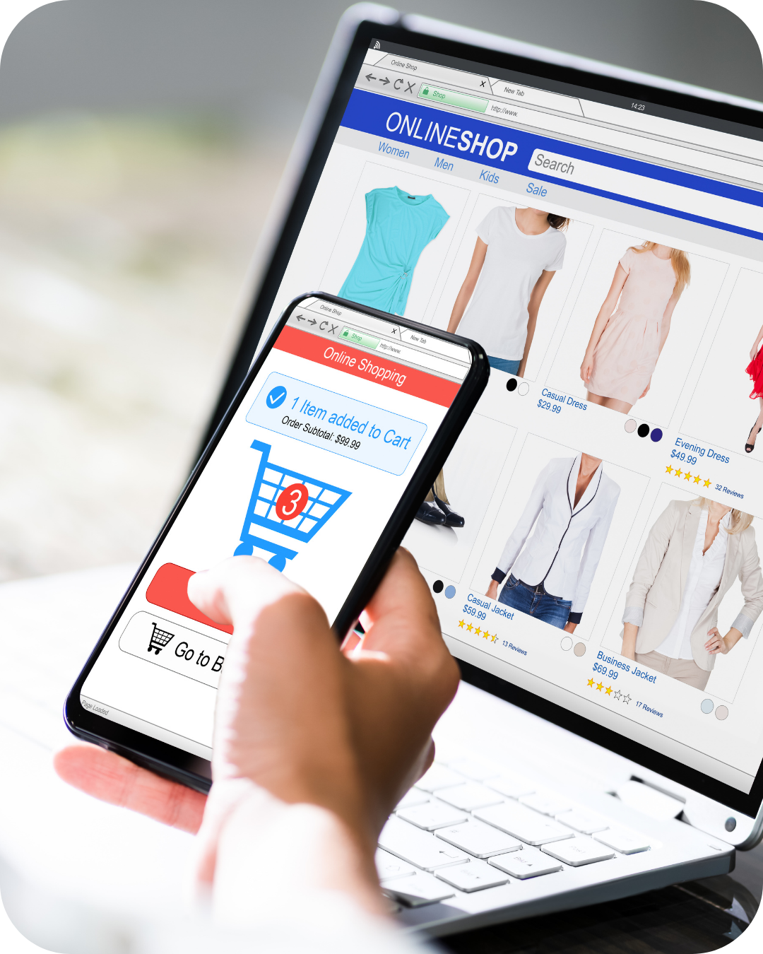 Person shopping online on a laptop and smartphone, viewing clothing items like dresses and jackets, with a shopping cart notification showing one item added.
