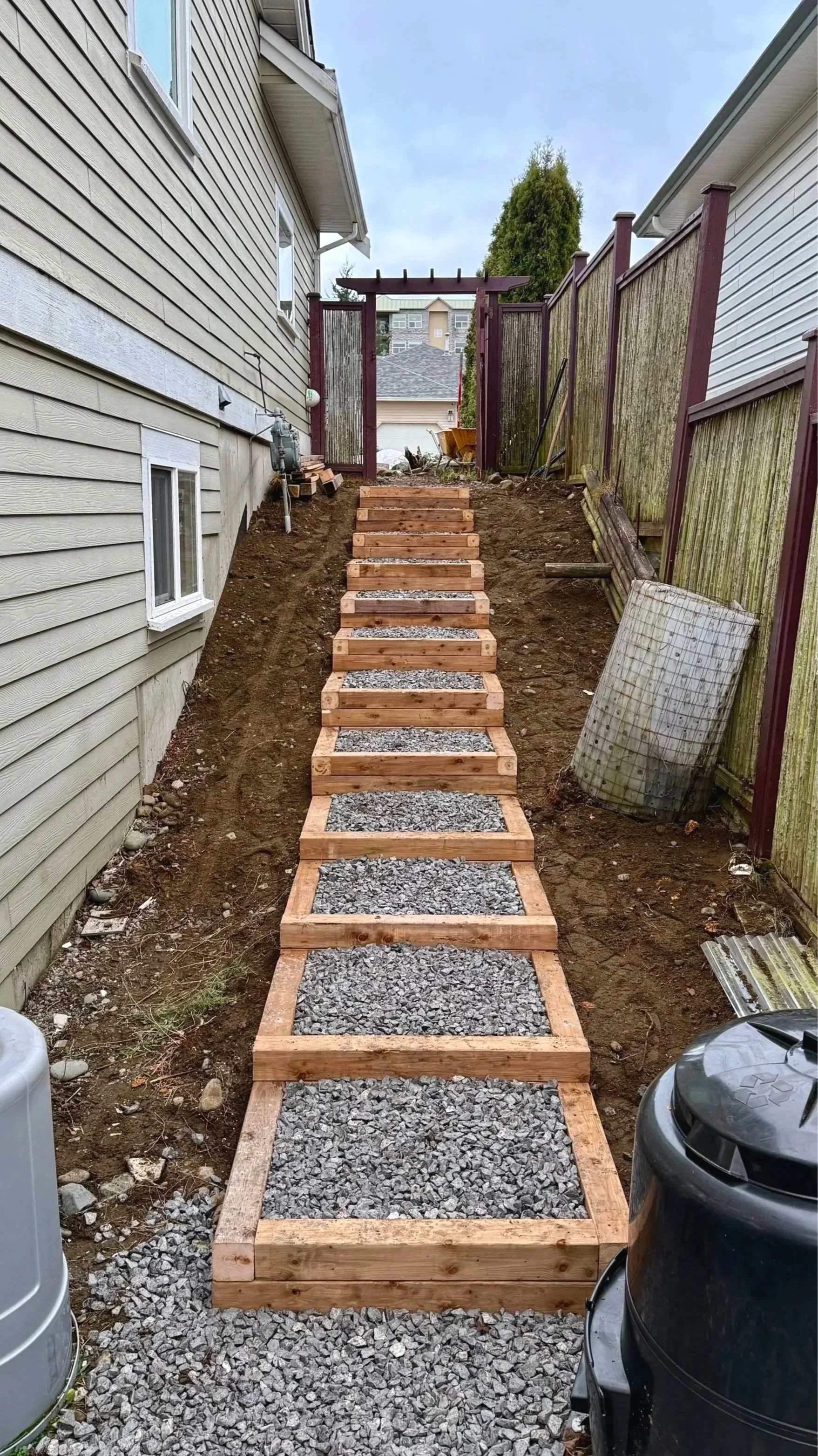 Landscape tie stairs, salt and pepper rockery