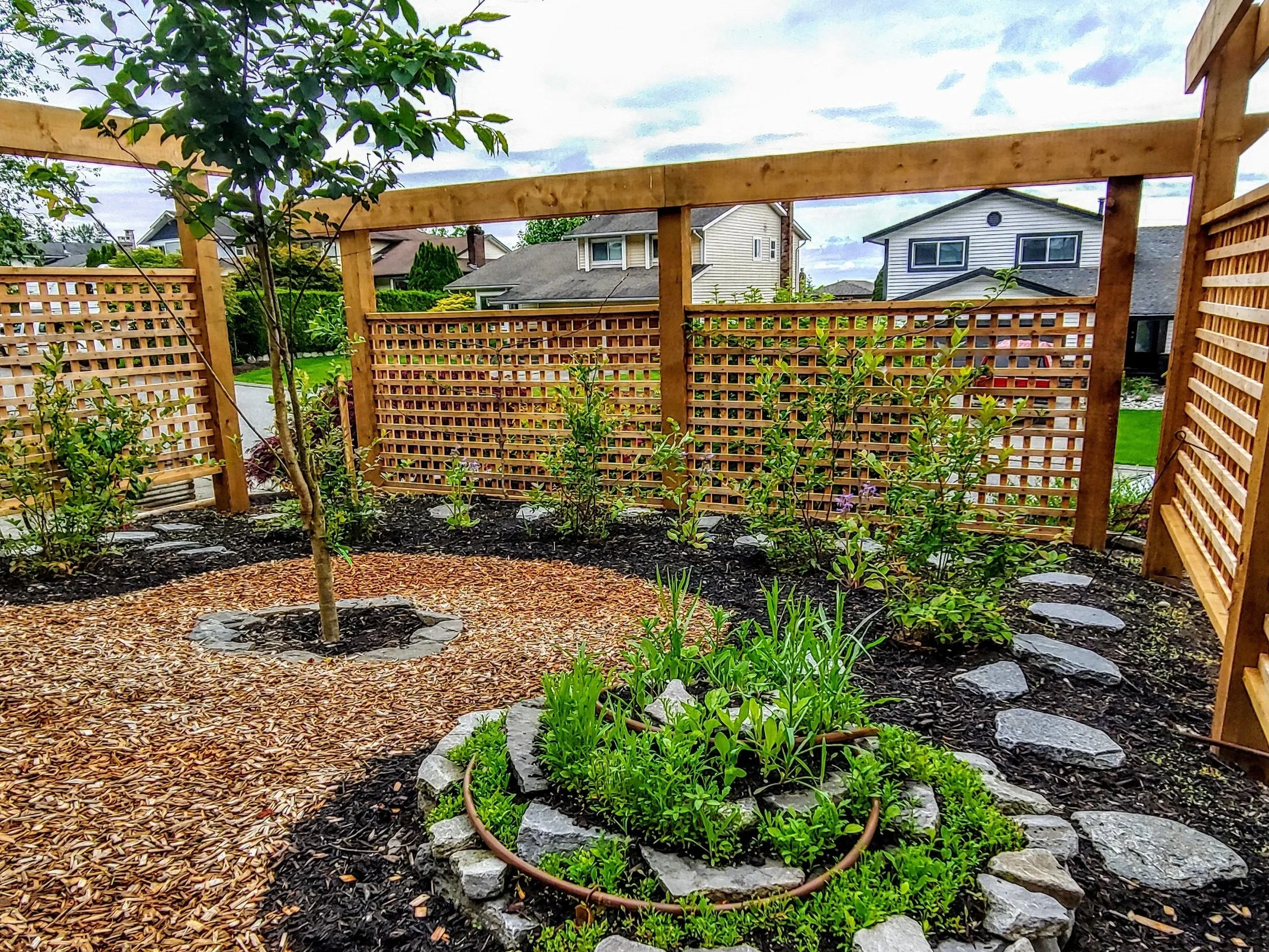 Permaculture installation, herb spiral, mulching, wood chips
