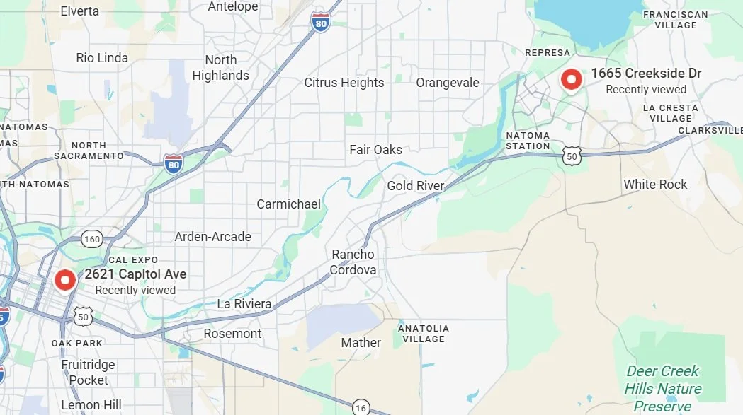 Map showing locations in Sacramento, California, with markers at 2621 Capitol Ave and 1665 Creekside Dr.