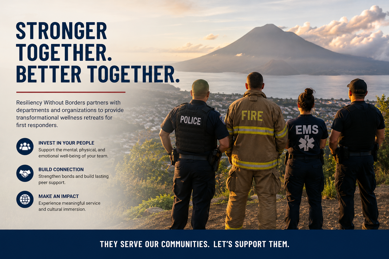 Four first responders from the police, fire, EMS, and police departments stand with their backs to the camera, overlooking a city with a mountain in the background during sunset, as part of a wellness retreat promotion.