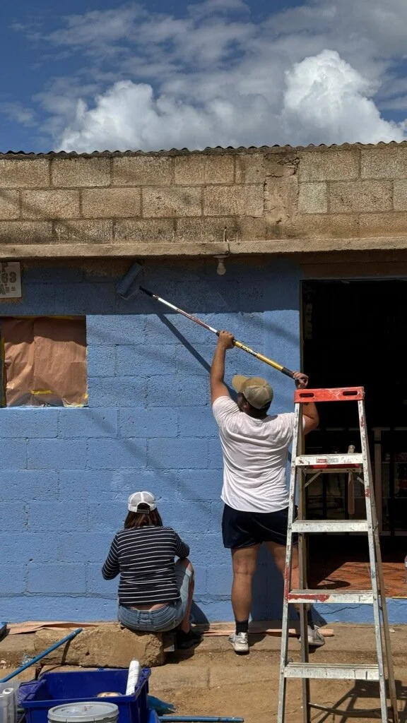 Two people painting an exterior blue wall of a building with a roller paintbrush under a partly cloudy sky.