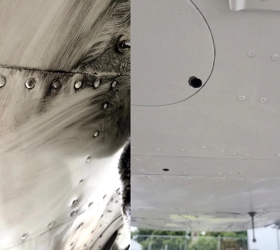 Comparison of two airplane fuselages, one showing the exterior metal surface with rivets and the other showing the smooth interior ceiling with a ventilation outlet and lighting fixtures.