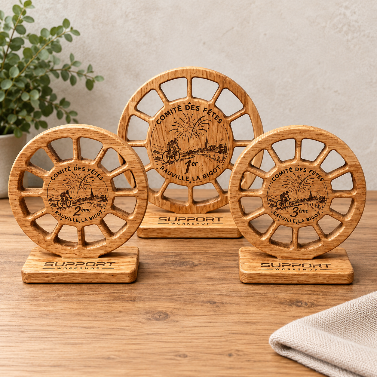 Trois trophées de cyclisme personnalisés en bois pour le Comité des fêtes de Rauville-La-Bigot