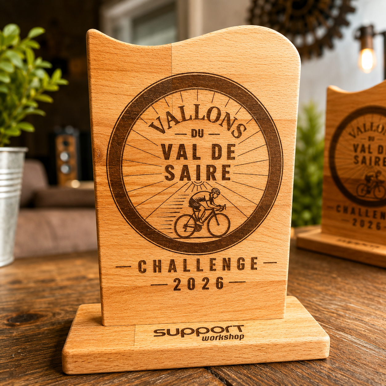 Trophée personnalisé en bois pour compétition cycliste Vallons du Val de Saire Challenge 2026
