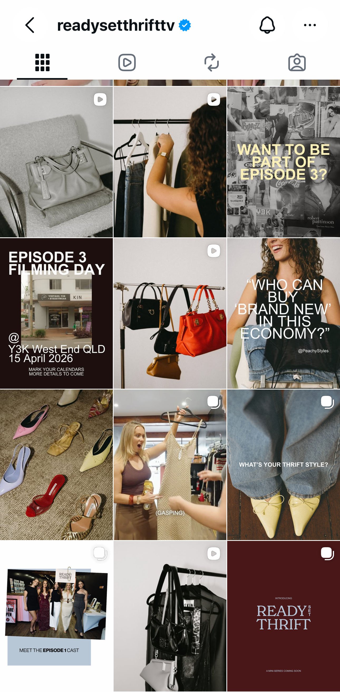 Ready, Set, Thrift Instagram profile showing campaign photography, social videos and Episode 3 launch content.