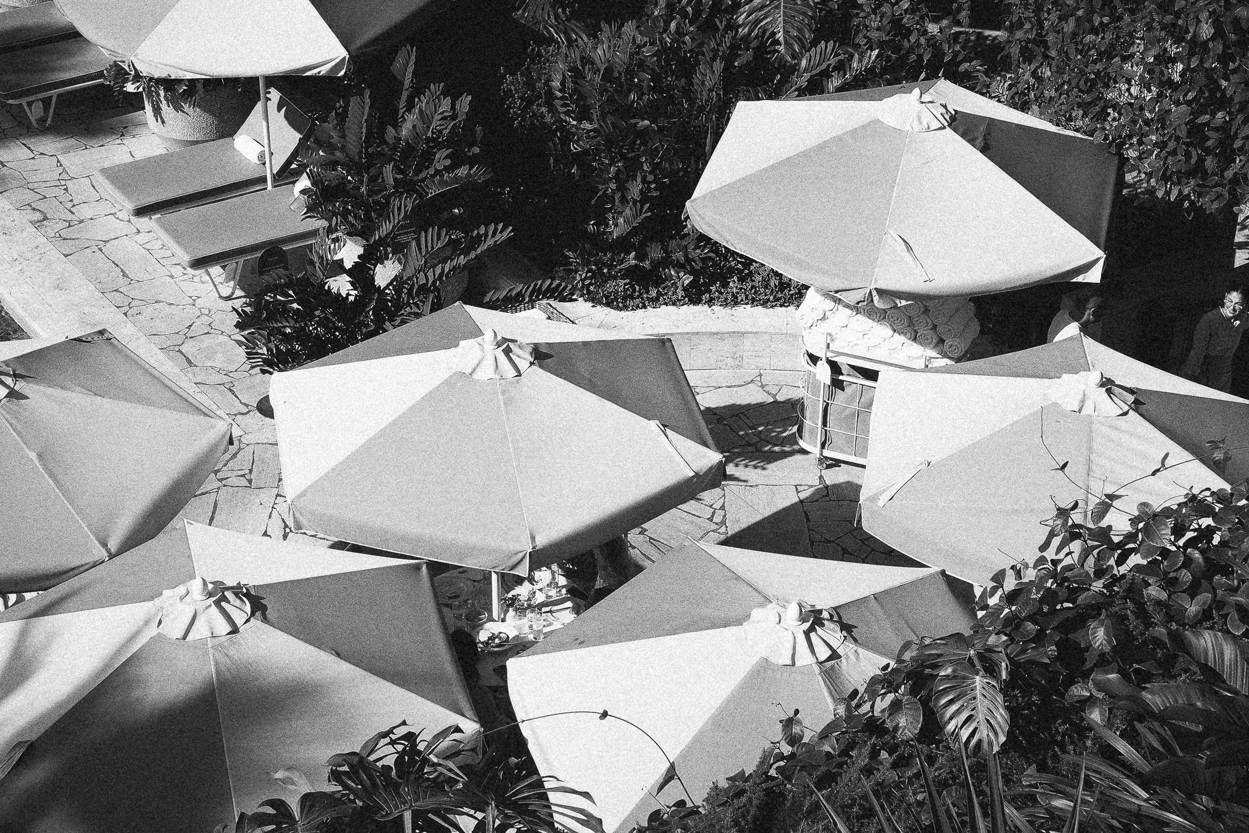Overhead view of a courtyard with several closed umbrellas, some sun loungers, and lush plants and bushes.
