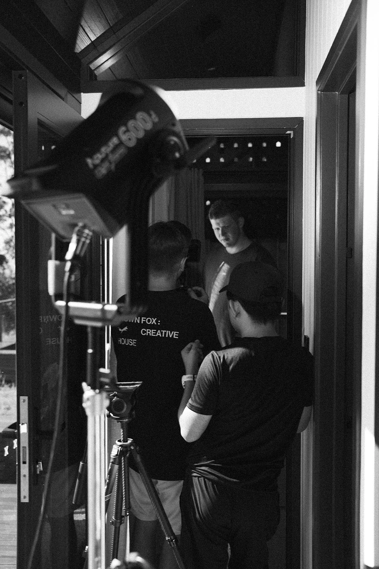 Behind-the-scenes photography showing the camera and lighting setup used during an interior sequence of Brown Fox’s LSKD spec film.
