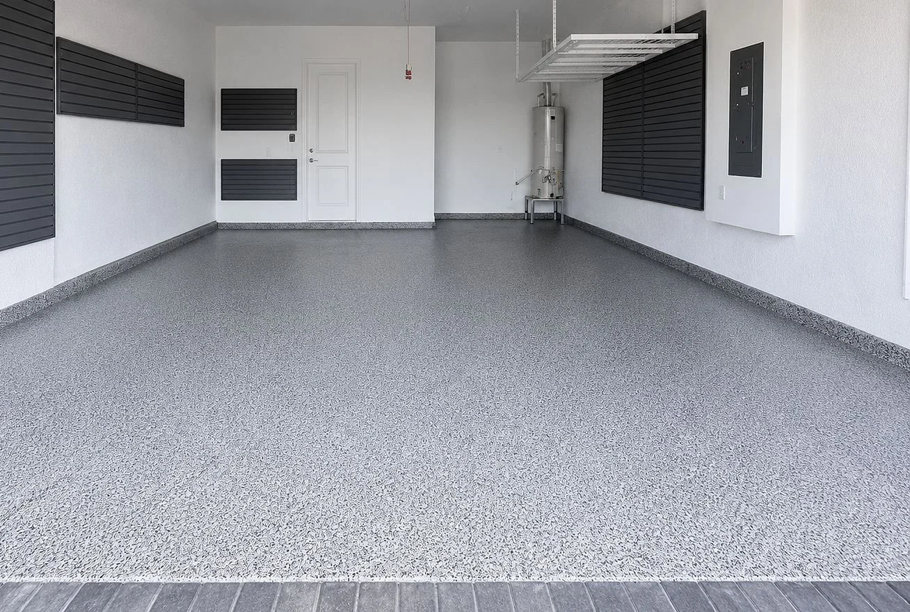 Empty garage with white walls and grey speckled epoxy floor