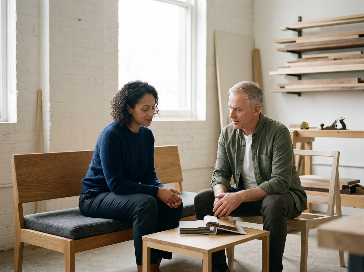 A woman and a man having a conversation in a woodworking shop, sitting on wooden benches with a color sample book on the table.