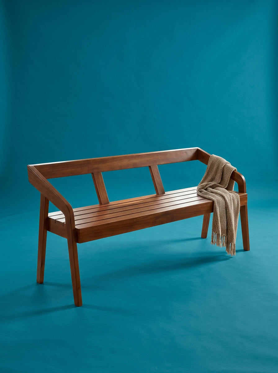 Wooden bench with a beige scarf draped over one arm, set against a blue background.