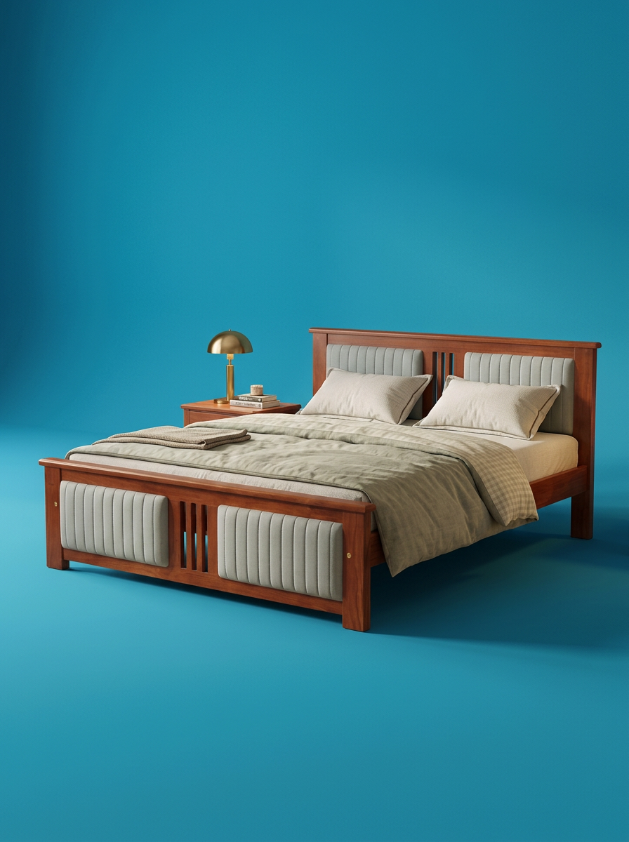 Wooden bed with upholstered headboard and footboard, beige bedding, and pillows, placed against a blue background with a wooden nightstand and a gold-colored desk lamp.