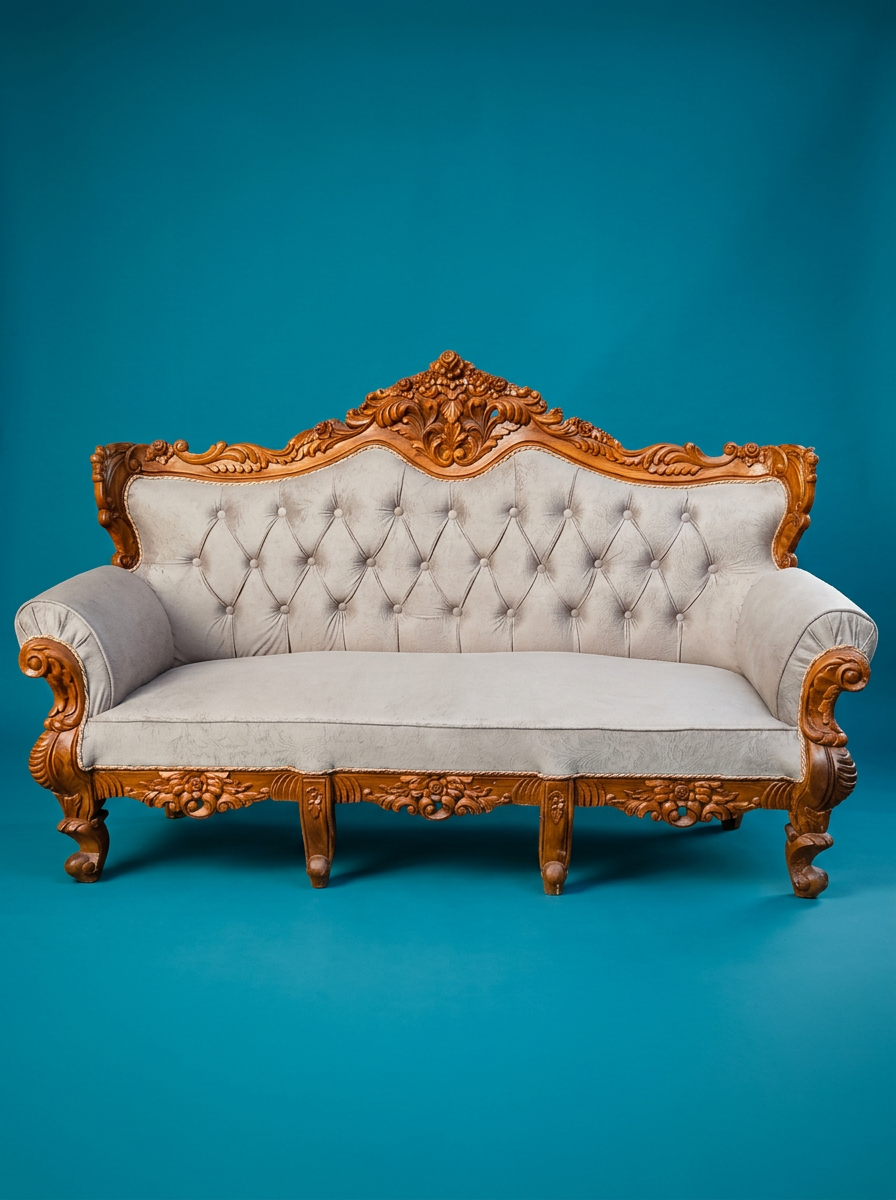 An ornate vintage sofa with carved wooden accents and beige upholstery against a blue background.