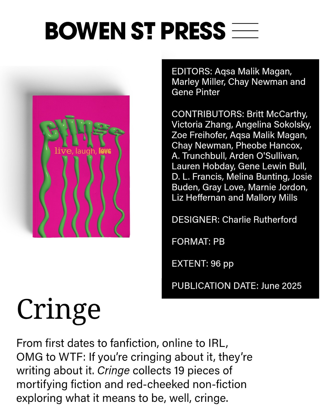 A cover page with the title 'Cringe', a description of the journal  and a list of authors including Britt McCarthy