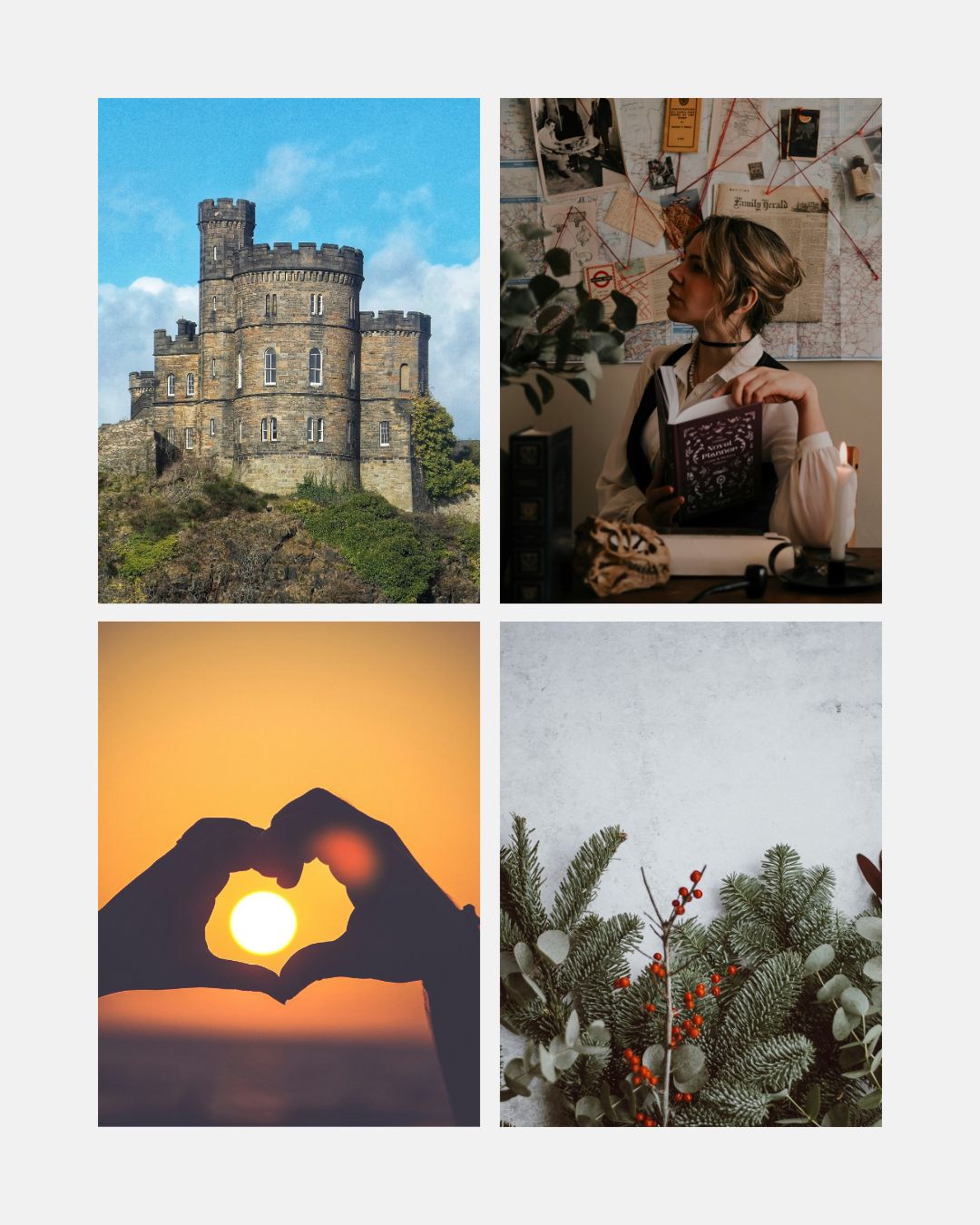 Four pictures representing the setting (Scottish Castle), genre (murder mystery and romance) and theme (Christmas)