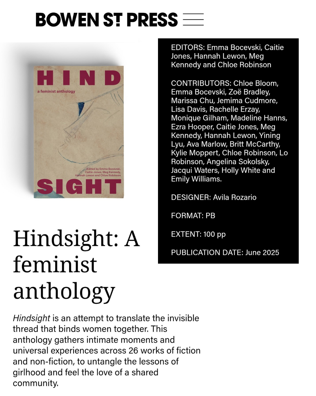 A cover page with the title 'Hindsight', a description of the journal  and a list of authors including Britt McCarthy